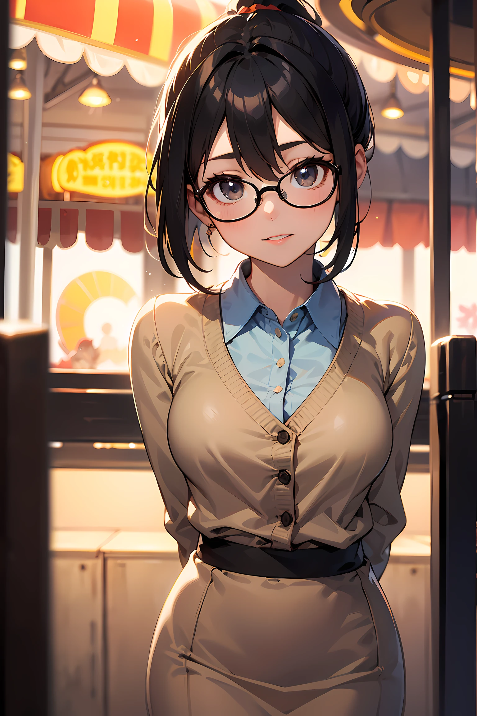 high resolution, Photo of a beautiful woman detailed_face, young handsome girl,realistic:0.5, perfect skin, (wearing a glasses:1.5), (ultra-detailed background, detailed background), bokeh, make happy expressions, happy emotion, gorgeous,pure, beautyfull detailed face and eyes,breasts, (black eyes:1.1), (a extremely pretty and beautiful Japanese woman), (sexy girl), (professional attire:1.3), (22 years old: 1.1), BREAK, (lovely outfit:1.2), (detailed blue collared shirt:1.2), (beige pencil skirt:1.2), (leather boots))), cleavage, beautiful detailed skin, (cute:1.2), (black hair), ((jpop idol)), (upper thigh:0.6), (depth of field),soft light, Lens Glow looking at viewer, (Drooping eyes:1.2), straight teeth,smile, floating hair, (black hair:1.2), brown eyes BREAK scene, cinematic, full colors, 4k, 8k, 16k, RAW photo, masterpiece, professionally color graded, professional photography, high school girl, hair up, , soft clean focus, realistic lighting and shading, (an extremely delicate and beautiful art)1.3, elegant,active angle,dynamism pose BREAK (ponytail:1.3), (shiny-black thin hair:1.2), bangs, dark brown eyes, beautiful eyes, princess eyes, (big eyes:1.3), bangs, wearing a glasses:1.3, Hair between eyes, short hair:1.3, (slender:1.1), (medium-breasts:0.95), (thin waist: 1.15), (detailed beautiful girl: 1.4), Parted lips, Red lips, full-make-up face, (shiny skin), ((Perfect Female Body)), (upper body image:1.3), Perfect Anatomy, Perfect Proportions, (most beautiful Korean actress face:1.3, extremely cute and beautiful Japanese actress face:1.3), ,(1glasses girl:1.3, solo), ,(blush:1.1), gray background, solo focus, (bust shot:1.2), cinematic light, (nostalgic night scene:1.4), (amusement park:1.4), (merry-go-round、the Ferris wheel、rollercoaster), (arms behind back :1.4), (looking at viewer:1.2