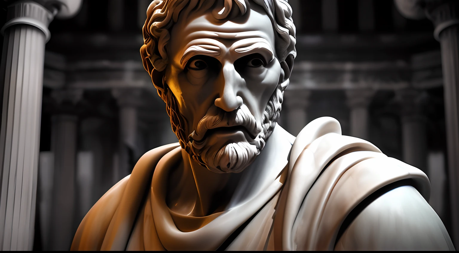 Seneca, close-up of a classic wise greek philosopher, statue in a temple, stoic posture, greek god, wisdom, cinematic feel, black and white, ultra realistic, ultra detailed and handcrafted in every aspect, dark