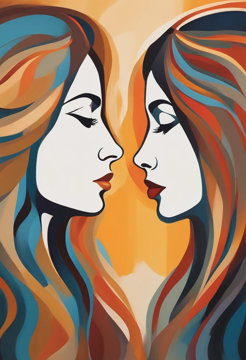 Image of profiles of two women facing each other、abstract painting、during the day、Simplified design、cute little