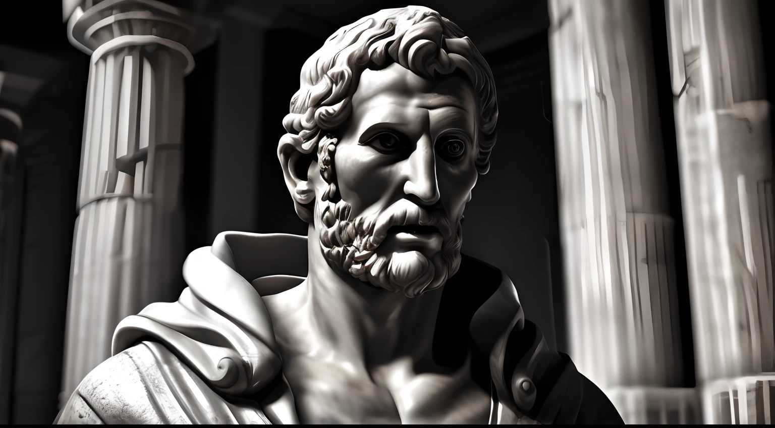 Seneca, close-up of a classic wise greek philosopher, statue in a temple, stoic posture, greek god, wisdom, cinematic feel, black and white, ultra realistic, ultra detailed and handcrafted in every aspect, dark