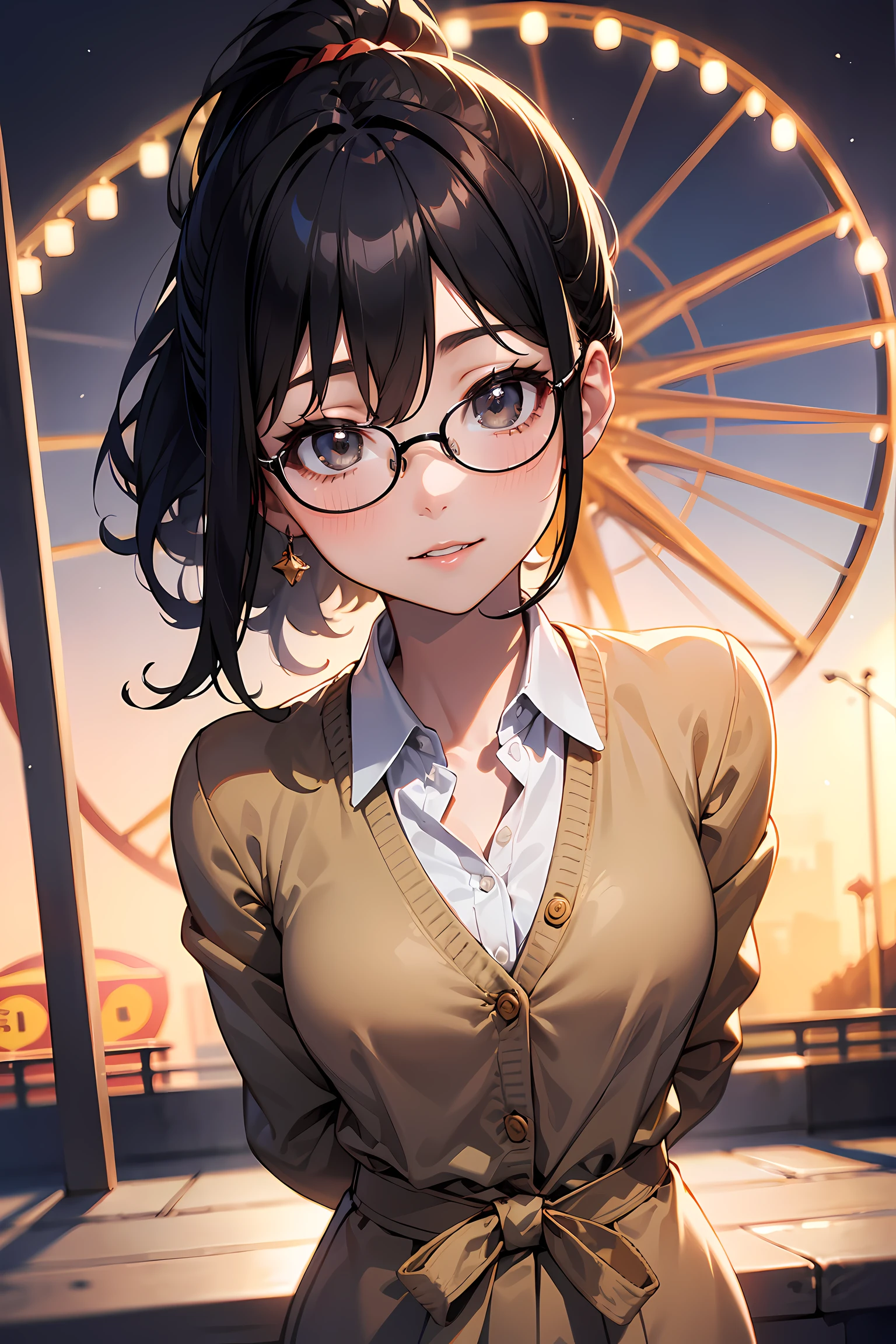 high resolution, Photo of a beautiful woman detailed_face, young handsome girl,realistic:0.5, perfect skin, (wearing a glasses:1.5), (ultra-detailed background, detailed background), bokeh, make happy expressions, happy emotion, gorgeous,pure, beautyfull detailed face and eyes,breasts, (black eyes:1.1), (a extremely pretty and beautiful Japanese woman), (sexy girl), (professional attire:1.3), (22 years old: 1.1), BREAK, (lovely outfit:1.2), (detailed blue collared shirt:1.2), (beige pencil skirt:1.2), (leather boots))), cleavage, beautiful detailed skin, (cute:1.2), (black hair), ((jpop idol)), (upper thigh:0.6), (depth of field),soft light, Lens Glow looking at viewer, (Drooping eyes:1.2), straight teeth,smile, floating hair, (black hair:1.2), brown eyes BREAK scene, cinematic, full colors, 4k, 8k, 16k, RAW photo, masterpiece, professionally color graded, professional photography, high school girl, hair up, , soft clean focus, realistic lighting and shading, (an extremely delicate and beautiful art)1.3, elegant,active angle,dynamism pose BREAK (ponytail:1.3), (shiny-black thin hair:1.2), bangs, dark brown eyes, beautiful eyes, princess eyes, (big eyes:1.3), bangs, wearing a glasses:1.3, Hair between eyes, short hair:1.3, (slender:1.1), (medium-breasts:0.95), (thin waist: 1.15), (detailed beautiful girl: 1.4), Parted lips, Red lips, full-make-up face, (shiny skin), ((Perfect Female Body)), (upper body image:1.3), Perfect Anatomy, Perfect Proportions, (most beautiful Korean actress face:1.3, extremely cute and beautiful Japanese actress face:1.3), ,(1glasses girl:1.3, solo), ,(blush:1.1), gray background, solo focus, (bust shot:1.2), cinematic light, (nostalgic night scene:1.4), (amusement park:1.4), (merry-go-round、the Ferris wheel、rollercoaster), (arms behind back :1.4), (looking at viewer:1.2
