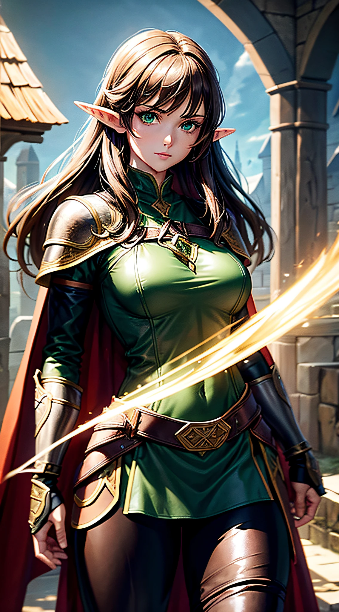 medieval setting,fullybody,1 woman, beautiful green eyes, elven facial features, brown hair, black leather pants, dark green tunic, brown leather armor, leather bracers, brown travel cape