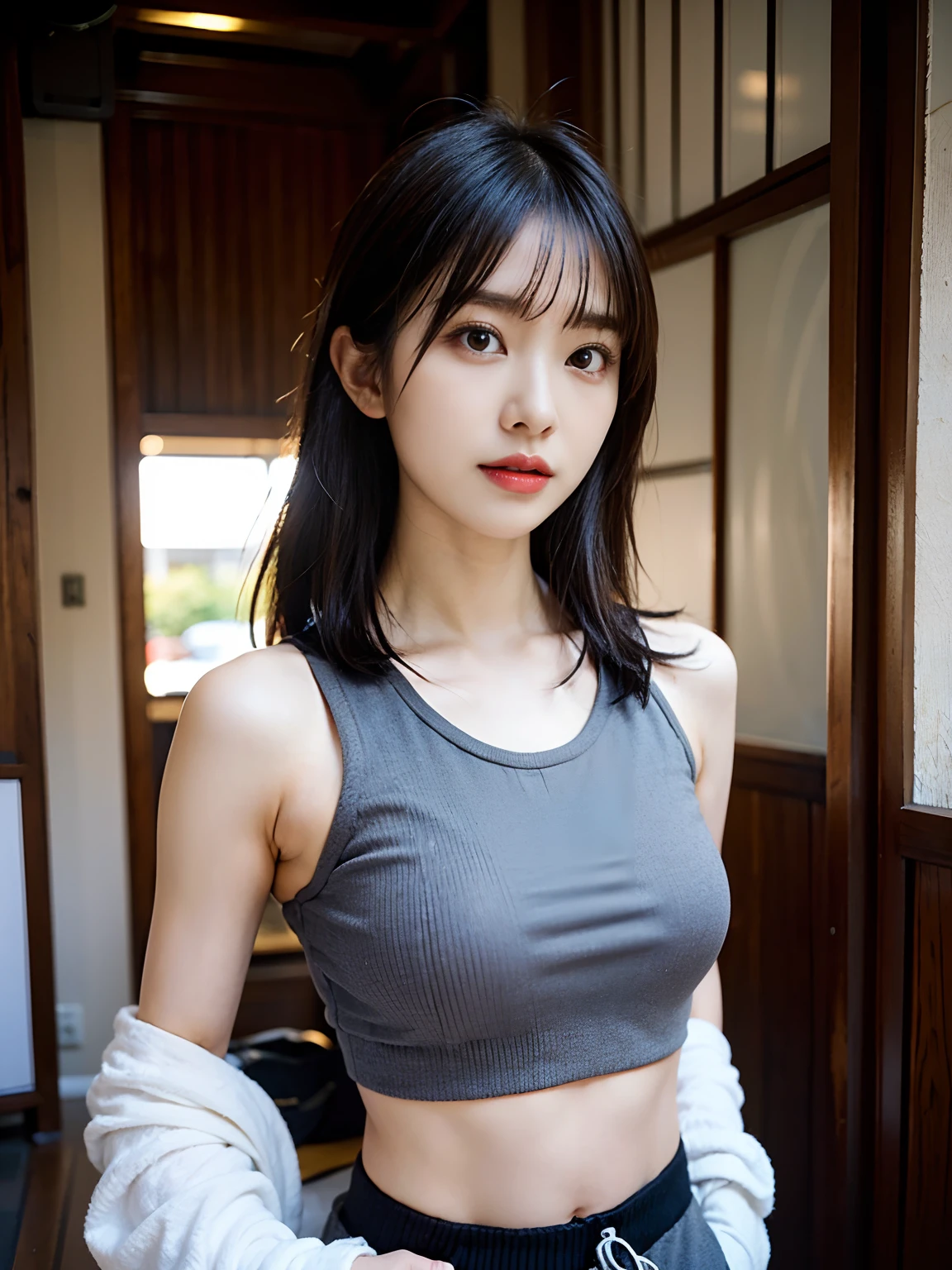 arafed asian woman in a grey crop top and grey sweatpants, young asian girl, wearing crop top, beautiful asian girl, beautiful midriff, wearing a sexy cropped top, croptop, asian girl, physical : tinyest midriff ever, young and cute girl, chinese girl, anime thai girl, of a youthful japanese girl, wearing casual clothes