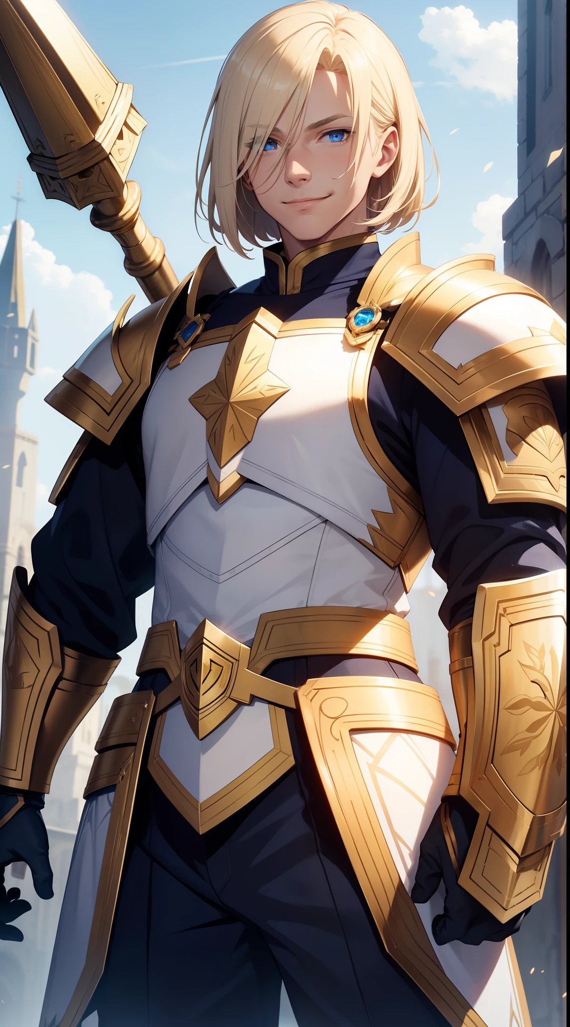 adult man, Blonde hair in a bob, blue eyes, Smile, Beautiful white armor with gold elements, paladin, hammer, shield, Masterpiece, hiquality, 4k, HD, Good detail