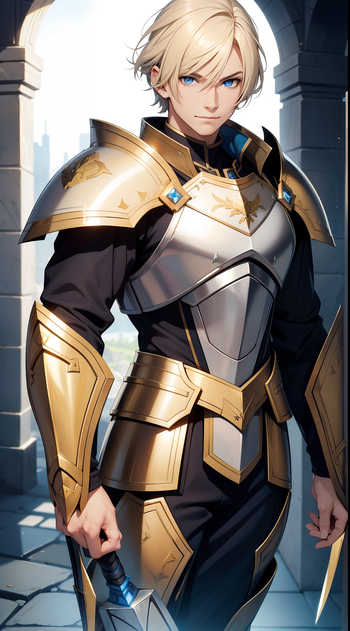 adult man, Blonde hair in a bob, blue eyes, Smile, Beautiful white armor with gold elements, paladin, hammer, shield, Masterpiece, hiquality, 4k, HD, Good detail