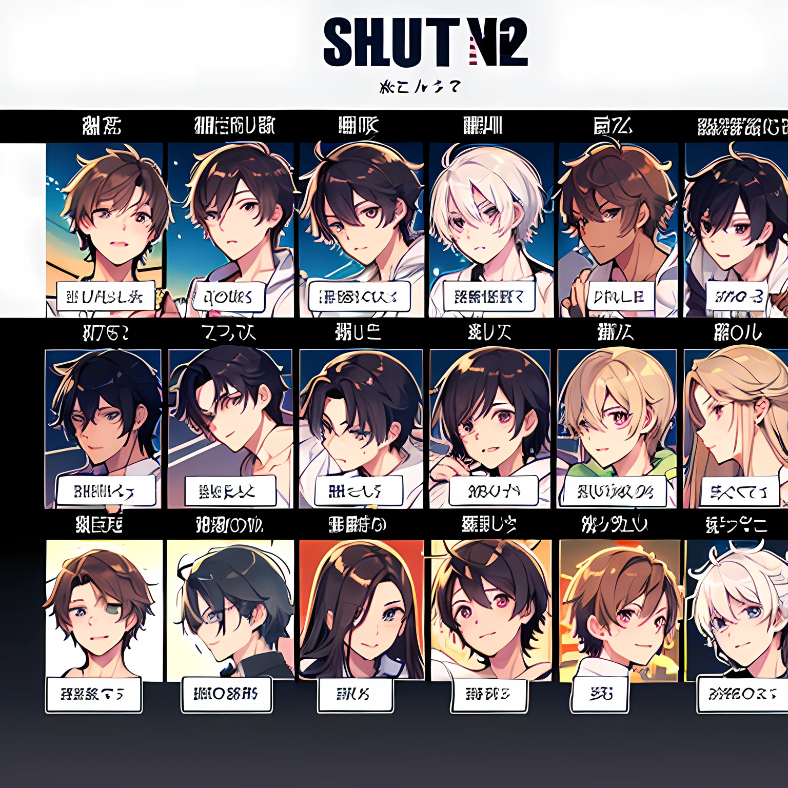 (Male:1.3), ((Visual novel)), Visual novel expression chart,, short messy hair, tan skin, one character, shoulder up,