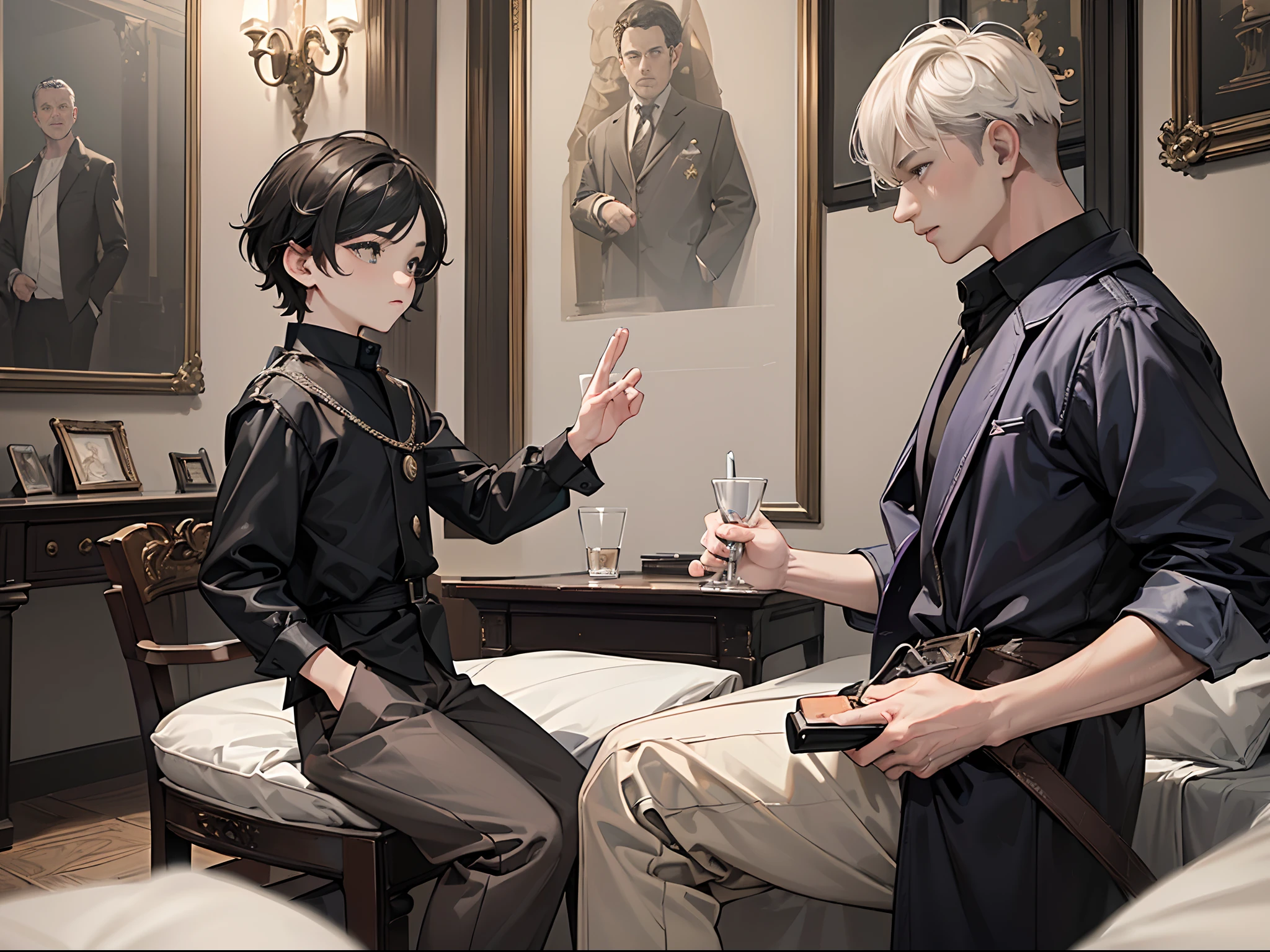 (Masterpiece), (best quality), ((super-detailed)), (2peple:1.5),((Child boy and adult mature male)), (gay), looking at another, (The child boy in power)、Adult male obeying the orders of the child master boy