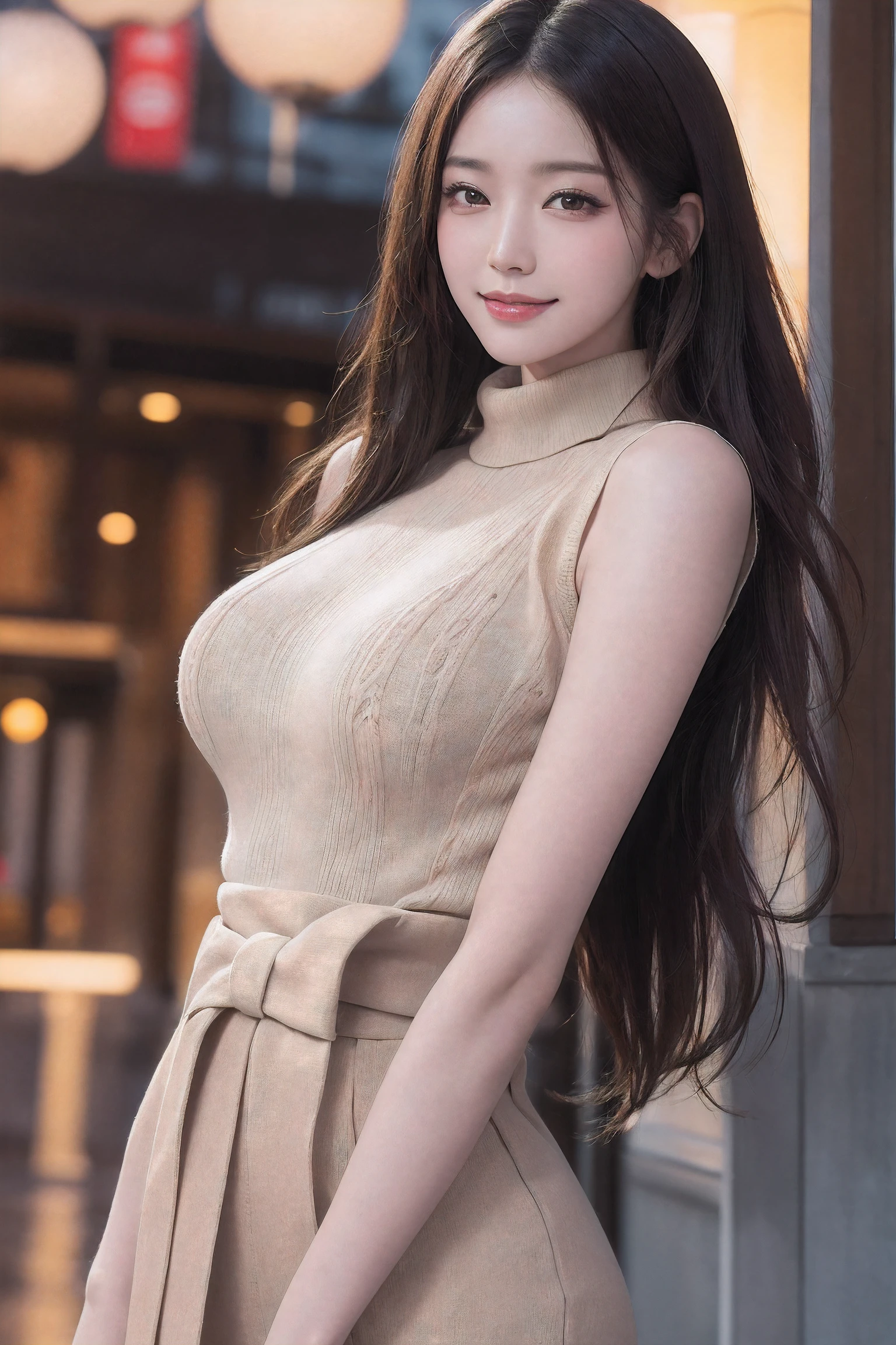 (Best quality, 8k, 32k, Masterpiece, UHD:1.2), (realistic:1.5), (masterpiece, Extremely detailed CG unity 8k wallpaper, best quality, highres:1.2), (ultra detailed, UHD:1.2), hyper sharp focus, (bust up portrait:1.5), Photo of extremely cute and beautiful Japanese woman, (Korean pop idol face:1.3), (blonde wavy hair:1.2), adult, (detailed beautiful girl:1.4), best quality, woman, adult, (beige turtleneck knit sweater:1.3), (black pleats skirt;1.3), (Beautiful night villa pool view background:1.2, night view), night pool, arms behind back, ((embarrassed laughing:1, seductive smile:1.15)), looking at viewer, facing the viewer, ((perfect female body)), (narrow waist:1.05), (cowboy shot), slender, abs, (large breasted:1.25), (sagging breasts:1.35), face ring light, face light, detailed human body, professional photo posing,