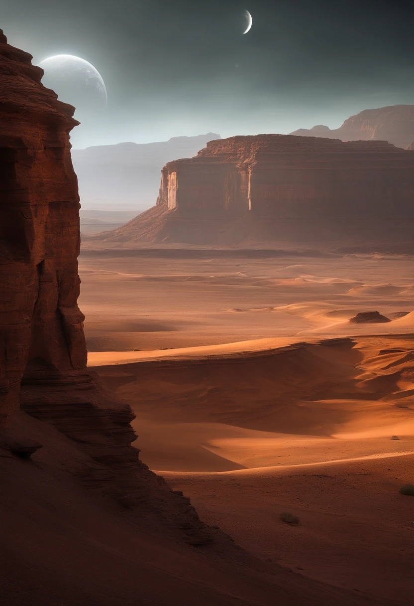 "Describe an image of deep space that shows an otherworldly landscape, with impressive plateaus and unique geological formations. Detail the geographical features of these plateaus, as cores do terreno, the surrounding atmosphere and any other remarkable element that contributes to the beauty and uniqueness of this cosmic scene."