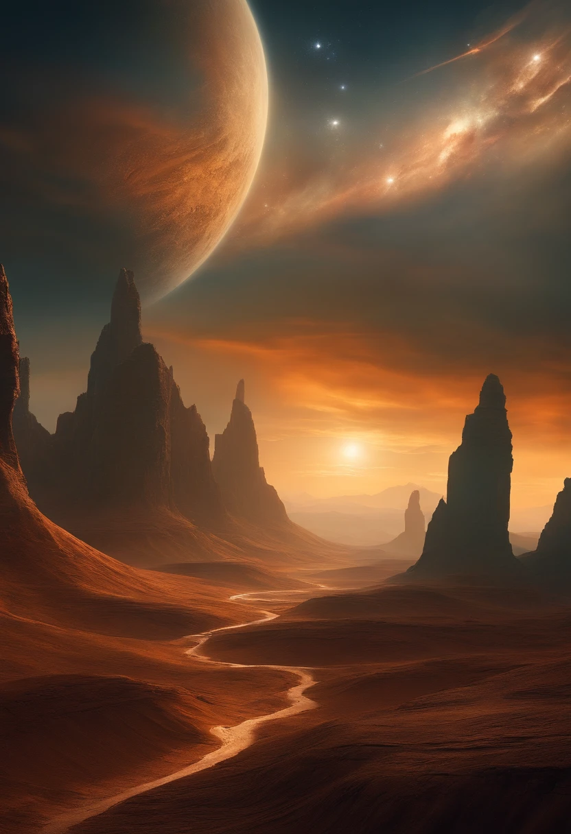"Describe an image of deep space that shows an otherworldly landscape, with impressive plateaus and unique geological formations. Detail the geographical features of these plateaus, as cores do terreno, the surrounding atmosphere and any other remarkable element that contributes to the beauty and uniqueness of this cosmic scene."