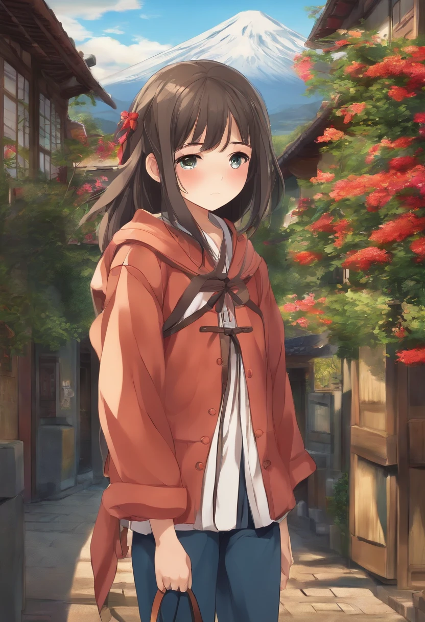 Casual clothes，Japan anime style，ar old，girl with，Old townscape、、Crying face