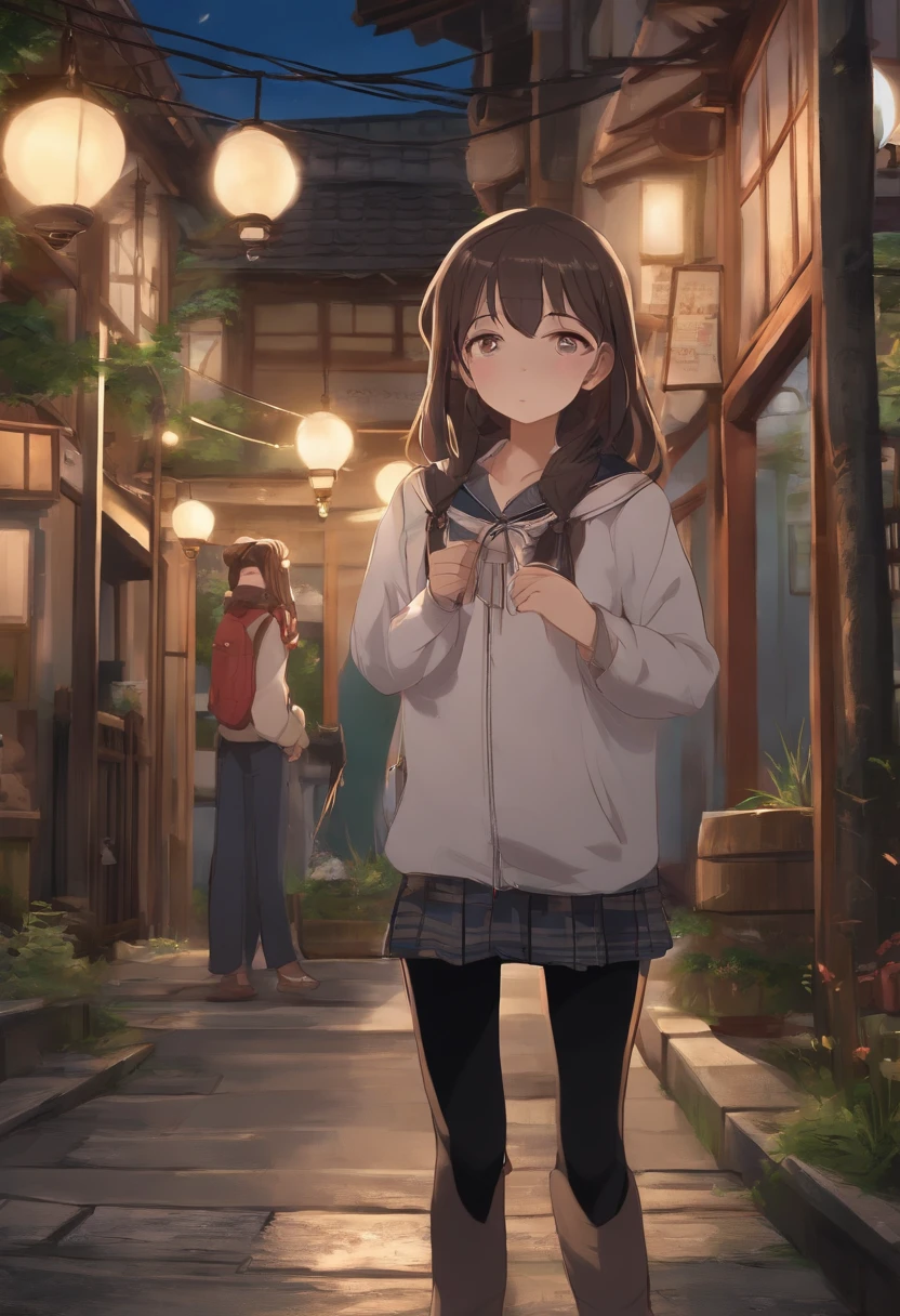 Casual clothes，Japan anime style，12year old，girl with，Old townscape、、Crying face