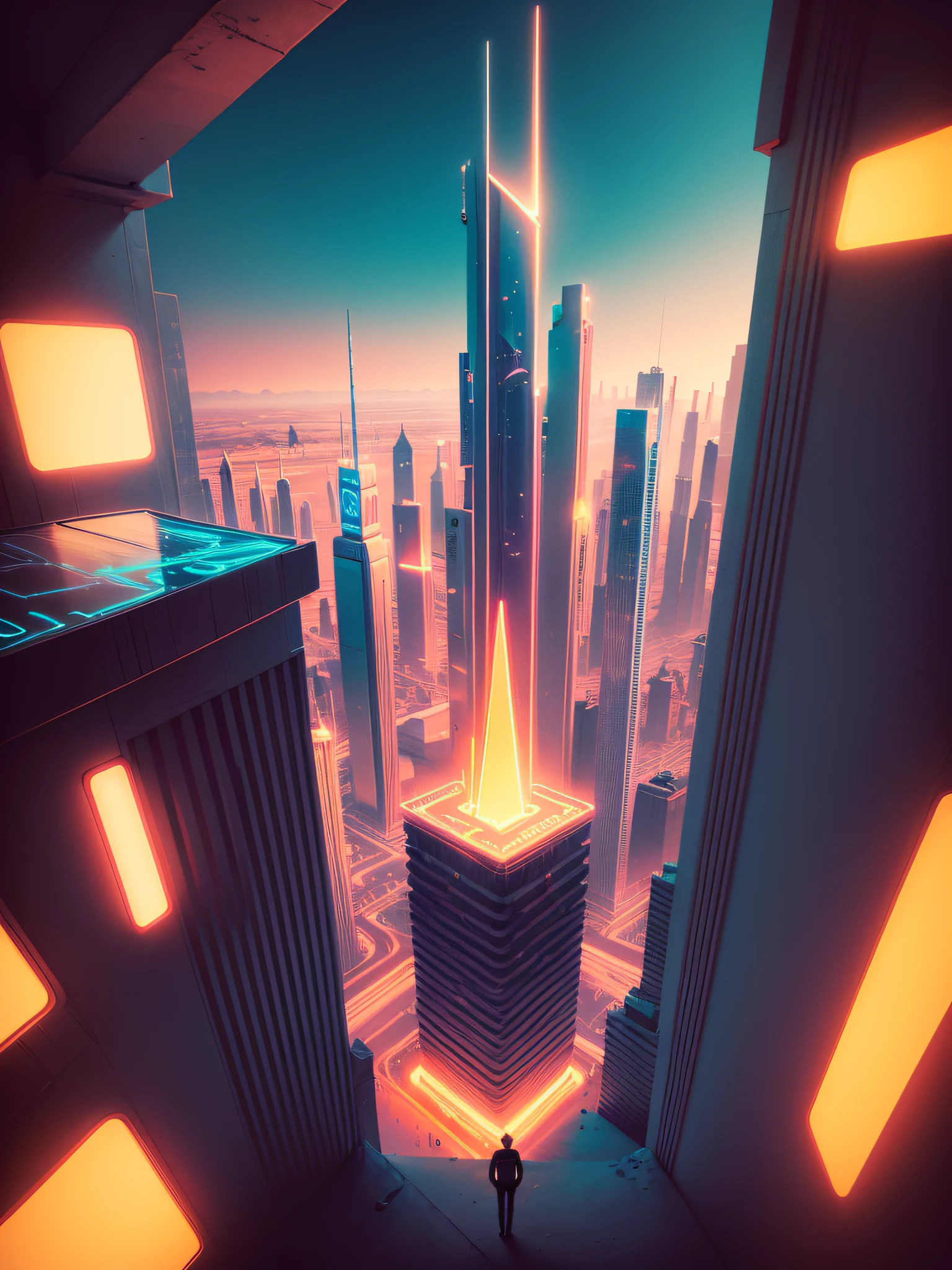 A desert，Neon metropolis，The man's hand stands at the top of the building