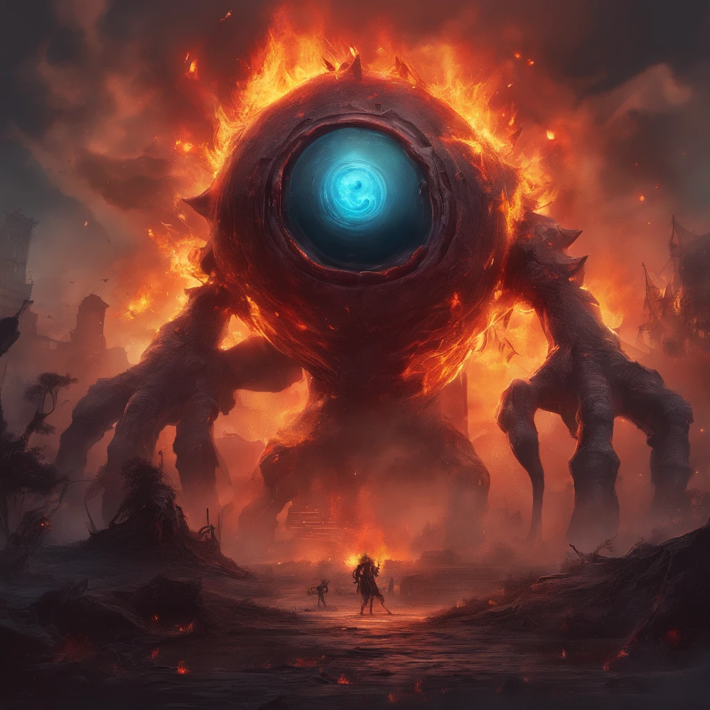 Giant Eyeball monster, flaming creature, fire guns, flaming skull symbol in the air, all hail the evil fire wizards, best quality, masterpiece