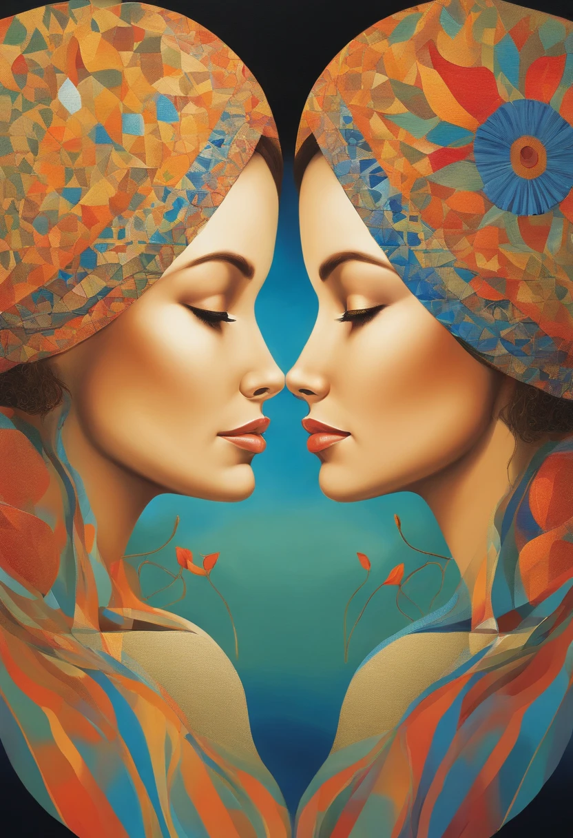 Image of profiles of two women facing each other、abstract painting、during the day、Simplified design、cute little、symmetry、In the early summer sunshine
