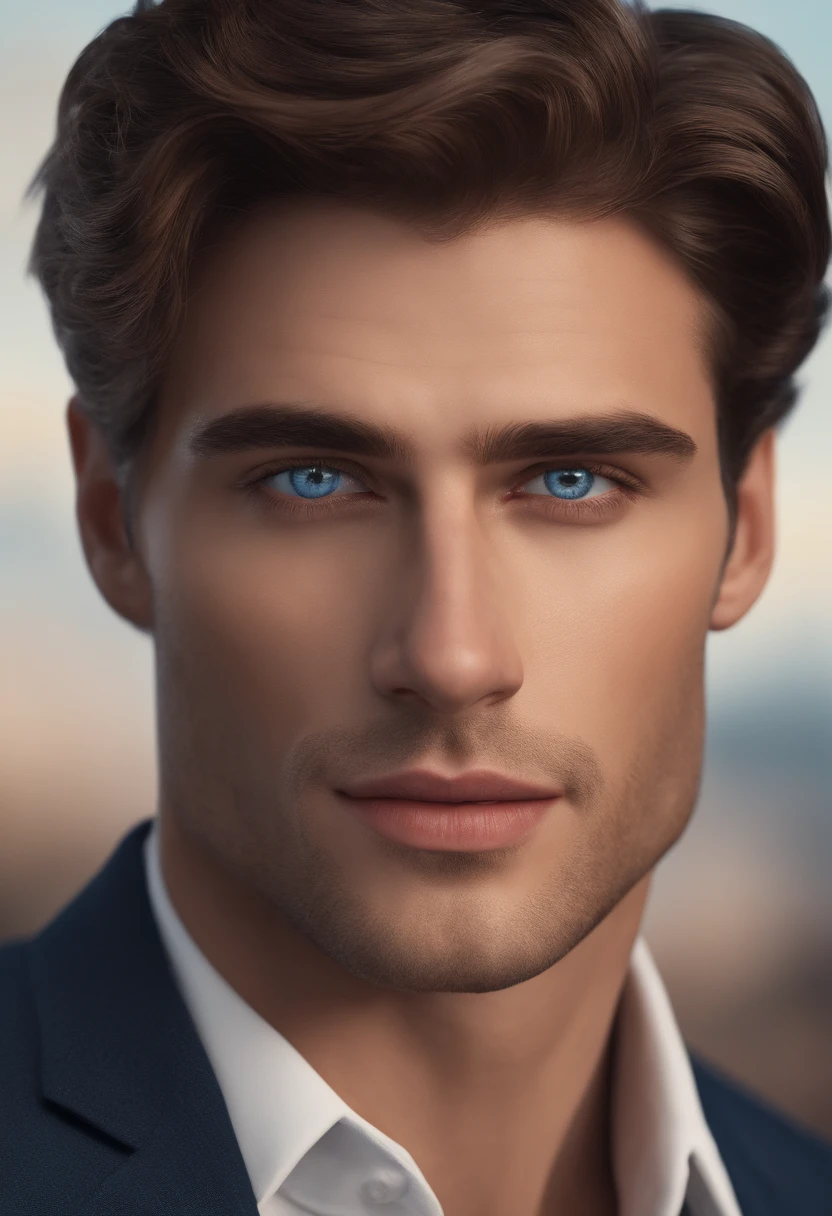 Hyper Realistic, male perfection, strong jawline, full lips, Roman nose, short brown hair, blue eyes, hyper realistic, 8k --v 4