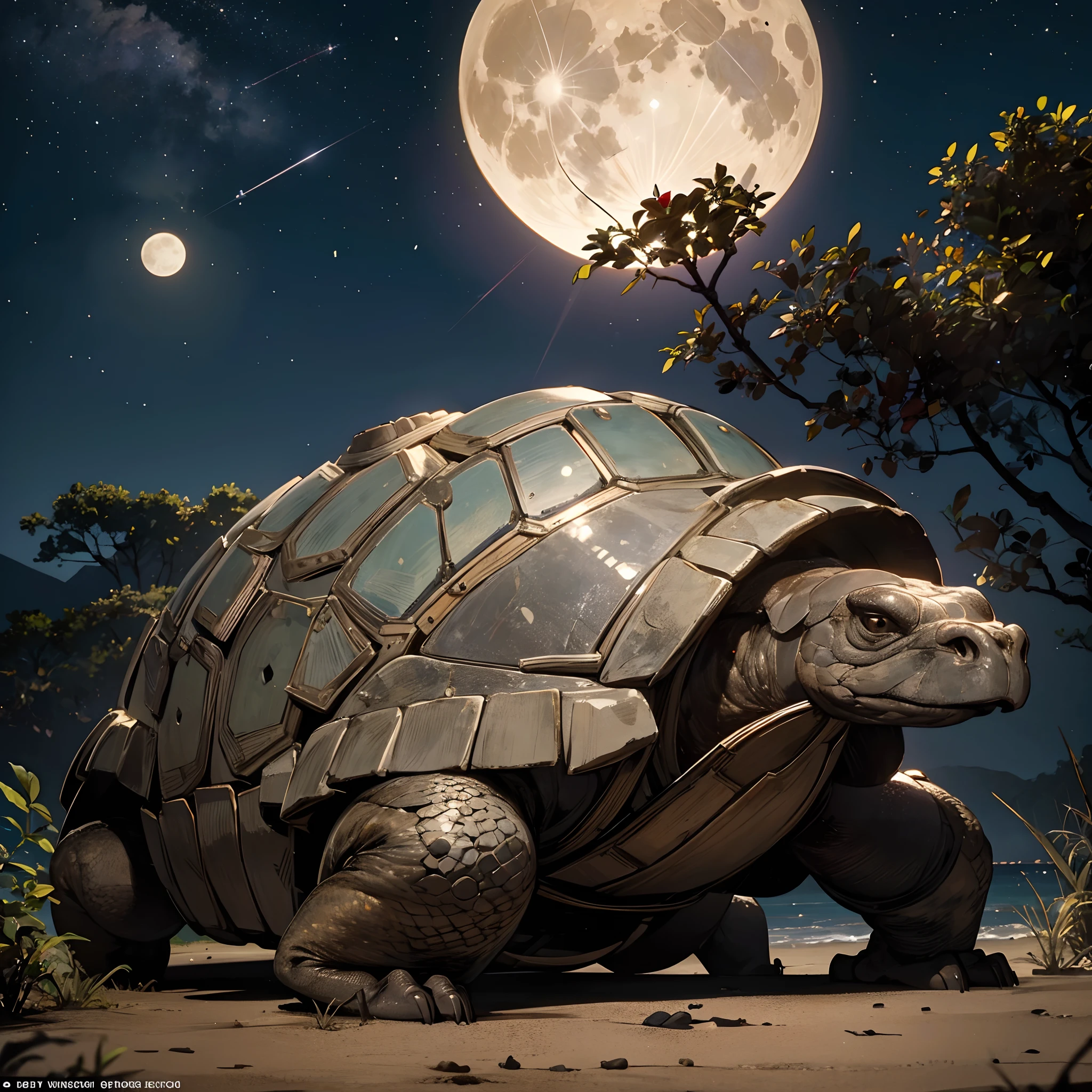 Photo, National Geographic Style, masutepiece, Super Detail, High quality, awardwinning, 8K, Photorealistic, Galapagos giant tortoise, at night with full moon, Galapagos Islands, Illuminated by the light of the full moon, in a sunny day, Quiet night