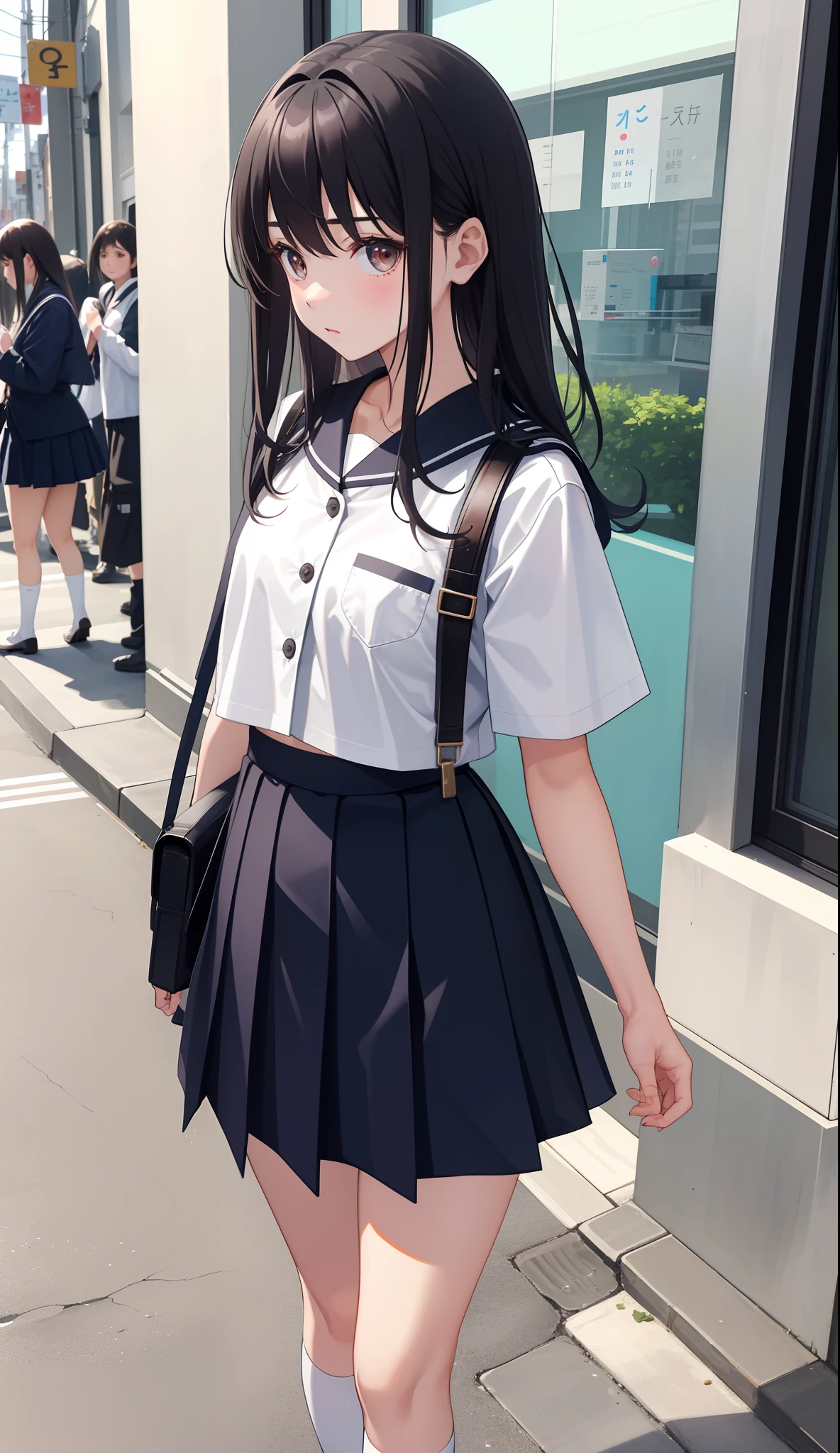 1girl in、AS-Adult、The shirt、skirt by the、（small tits）Japan High School、校服、serafuku、Walking with a thigh、Upper body portrait、