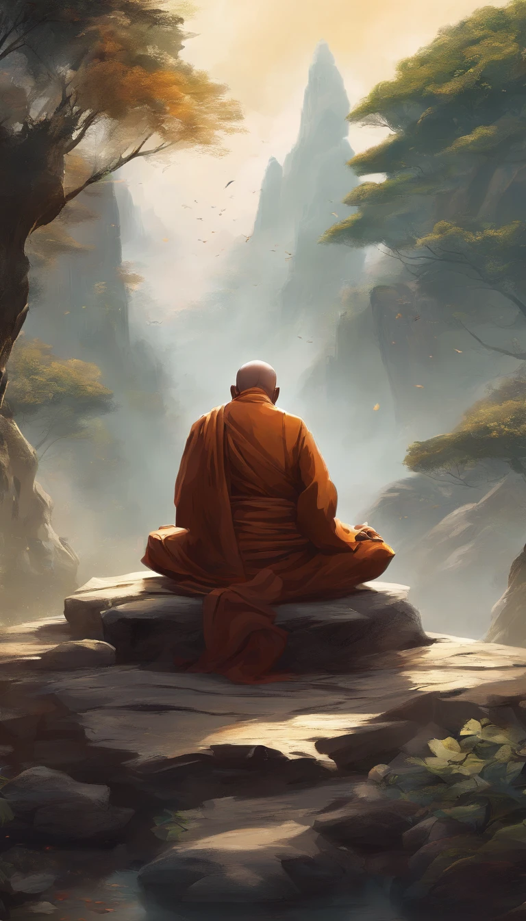 An old monk sits on a large rock,Extremely old monk,(Pray in a lotus pose),Buddhist monk meditation, On the road to enlightenment, Man has a deep connection with God, Zen meditation,Brown robe,(rear view),from back,rear angle,Great light,buddhism,beautiful image,epic cinematic shot,Ultra photo realsisim,8k,