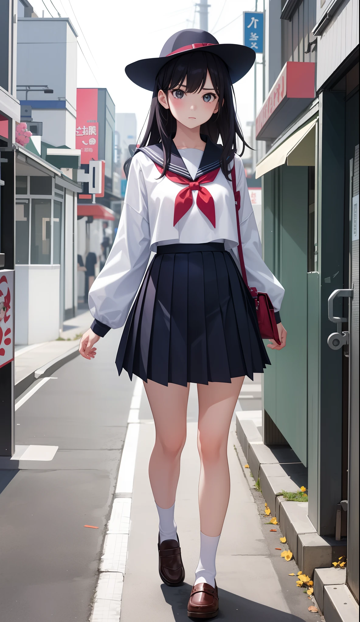 1girl in、AS-Adult、The shirt、skirt by the、(small tits)Japan High School、校服、serafuku、Walking with a thigh、Upper body portrait、