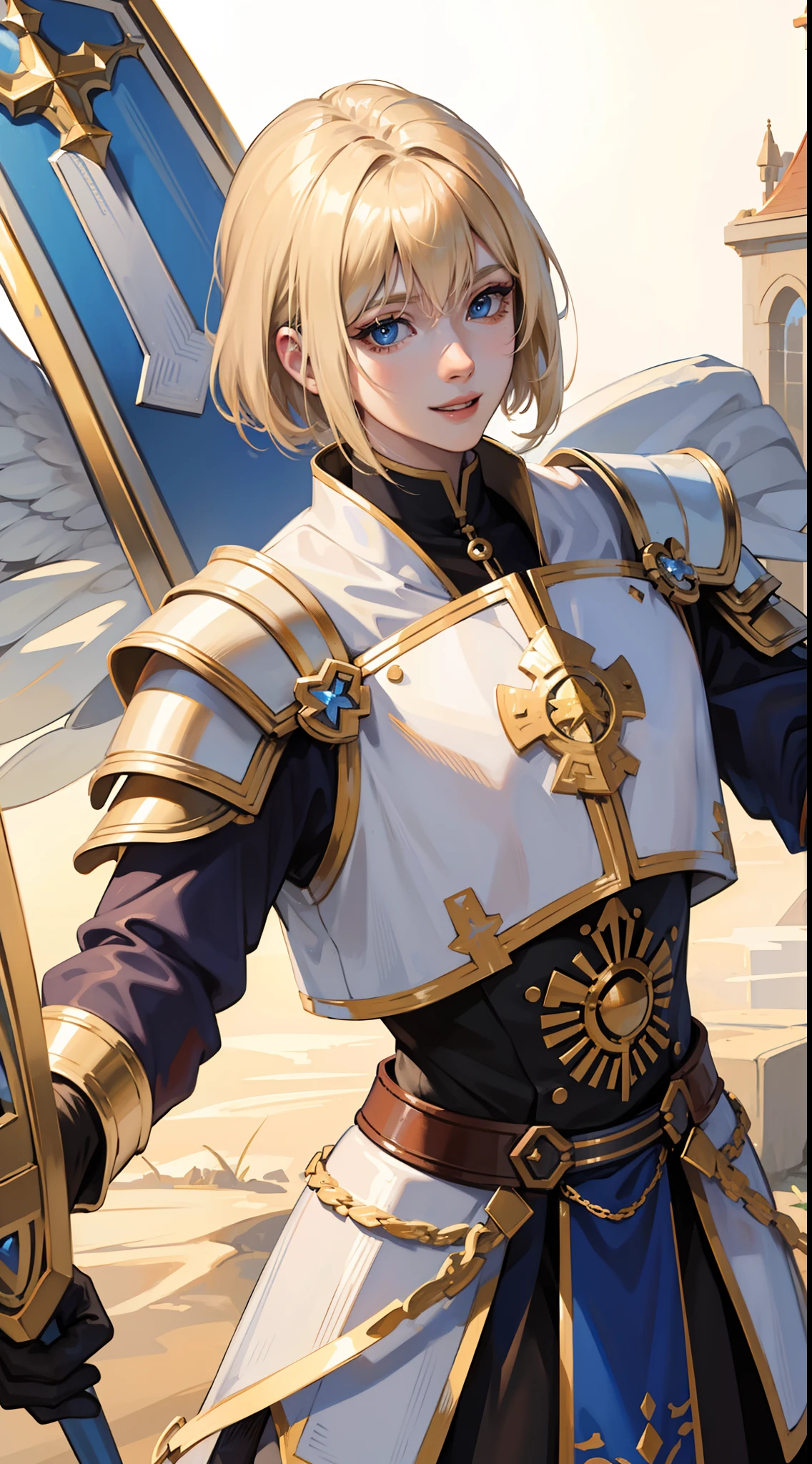 adult man, Blonde hair in a bob, blue eyes, Smile, Beautiful white armor with gold elements, paladin, hammer, shield, Masterpiece, hiquality, 4k, HD, Good detail