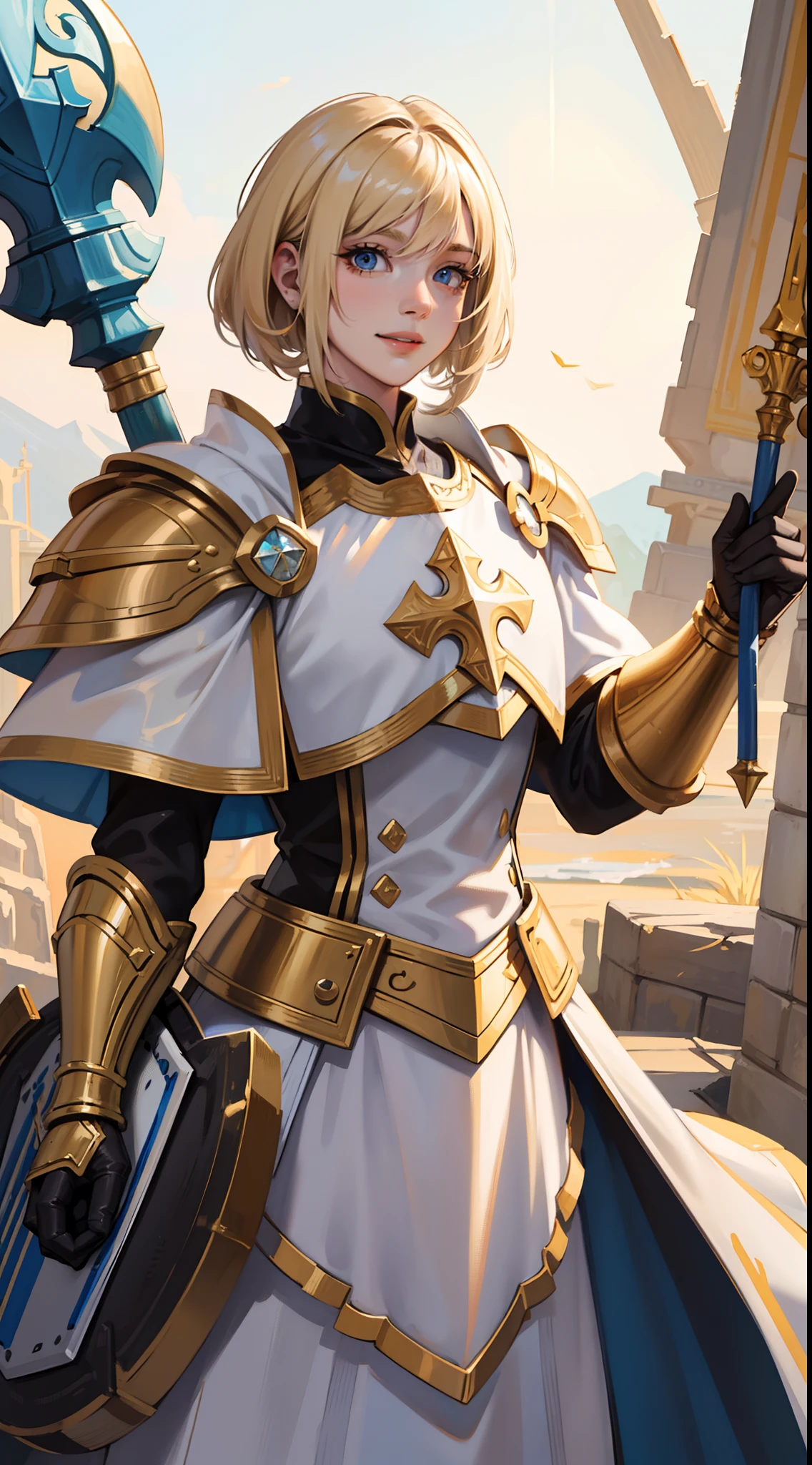 adult man, Blonde hair in a bob, blue eyes, Smile, Beautiful white armor with gold elements, paladin, hammer, shield, Masterpiece, hiquality, 4k, HD, Good detail