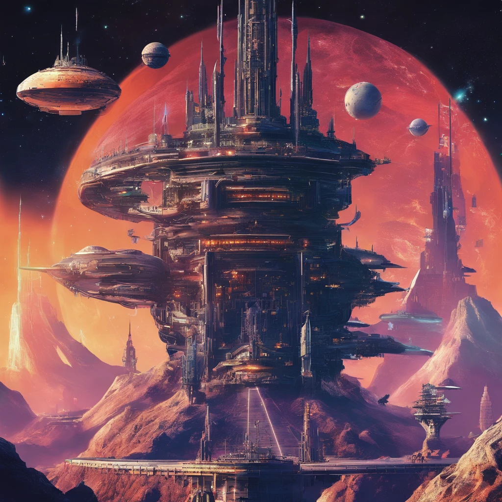 A futuristic science fiction world, this huge castle in space has no concept of up or down. An upside-down castle, a space fortress, a space port, a giant cluster of antennas, (Best quality), (masterpiece:1.3), No ground, outer space, space opera, Ferris wheels, gears, weightlessness, Dutch angles,