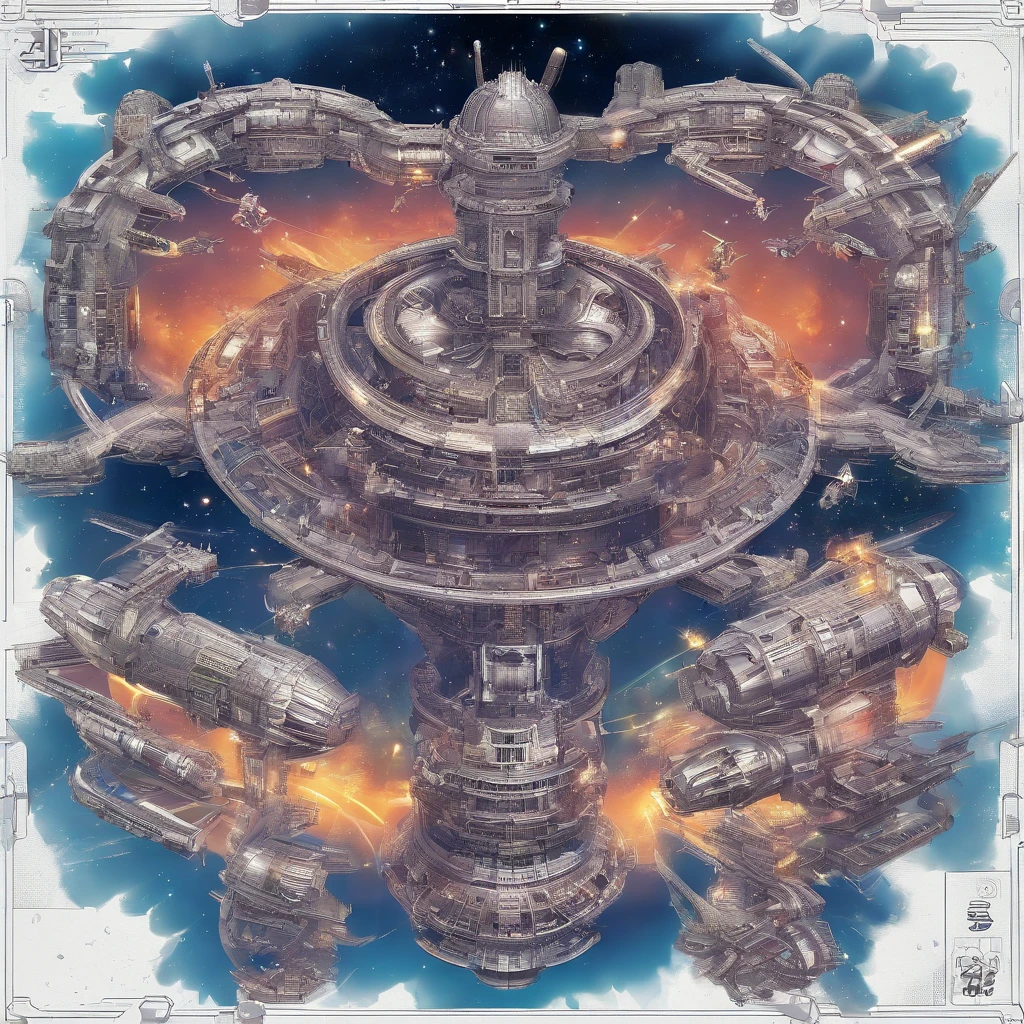 A futuristic science fiction world, this huge castle in space has no concept of up or down. An upside-down castle, a space fortress, a space port, a giant cluster of antennas, (Best quality), (masterpiece:1.3), No ground, outer space, space opera, Ferris wheels, gears, weightlessness, Dutch angles,