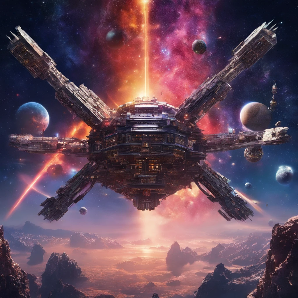 A futuristic science fiction world, this huge castle in space has no concept of up or down. An upside-down castle, a space fortress, a space port, a giant cluster of antennas, (Best quality), (masterpiece:1.3), No ground, outer space, space opera, Ferris wheels, gears, weightlessness, Dutch angles,