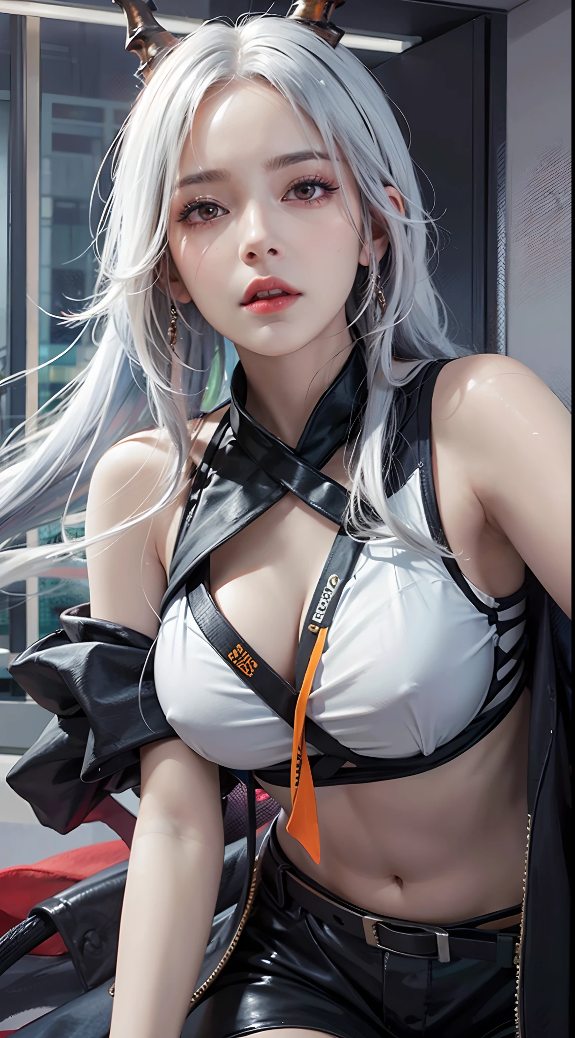 photorealistic, high resolution, soft lights, 1women, solo, hips up, look at viewer, (detailed face), red eyes, white hair, long hair, detailed eyes, (origen:1.4), ch'en \(arknights\), black shorts, red eyes, solo, (fashi-girl:1.0), realistic, makeup, office