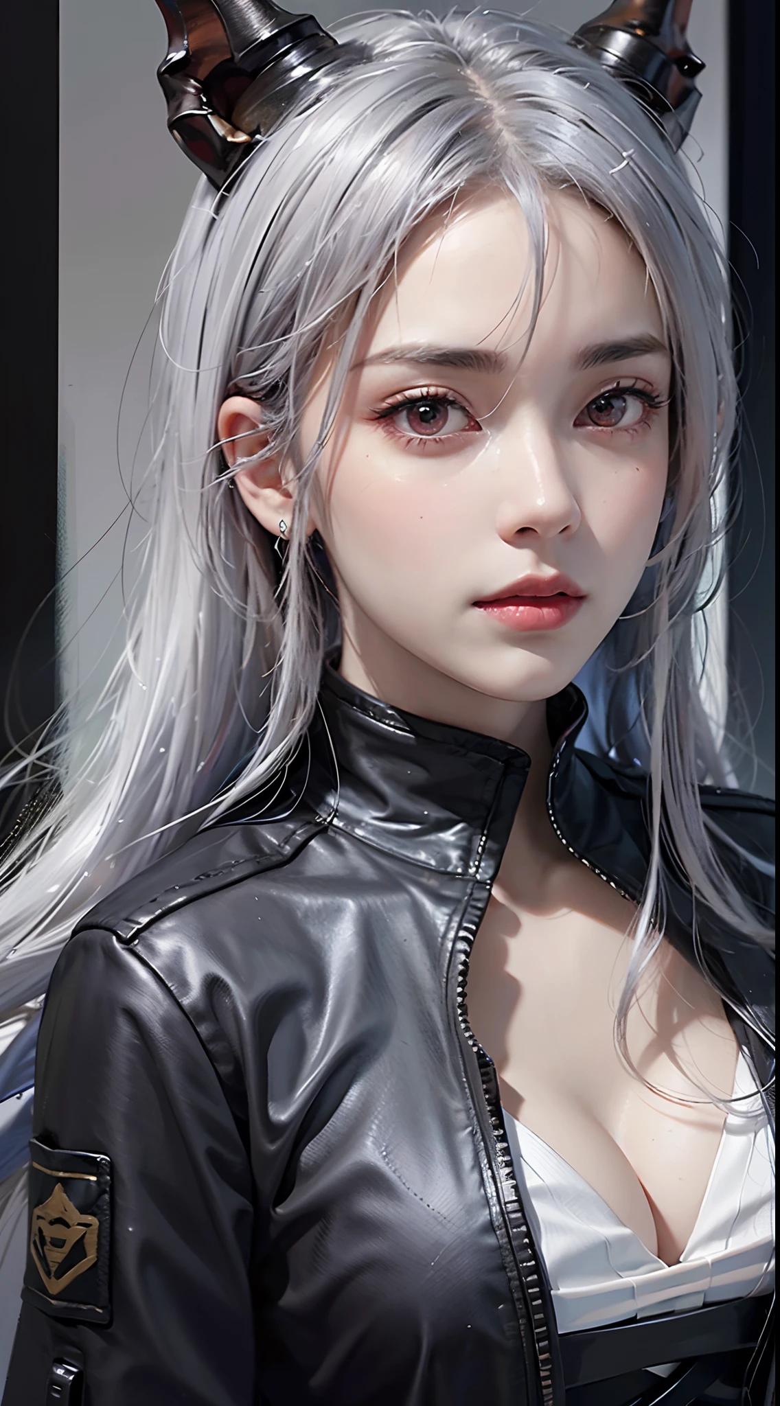 photorealistic, high resolution, soft lights, 1women, solo, hips up, look at viewer, (detailed face), red eyes, white hair, long hair, detailed eyes, (origen:1.4), ch'en \(arknights\), black shorts, red eyes, solo, (fashi-girl:1.0), realistic, makeup, office