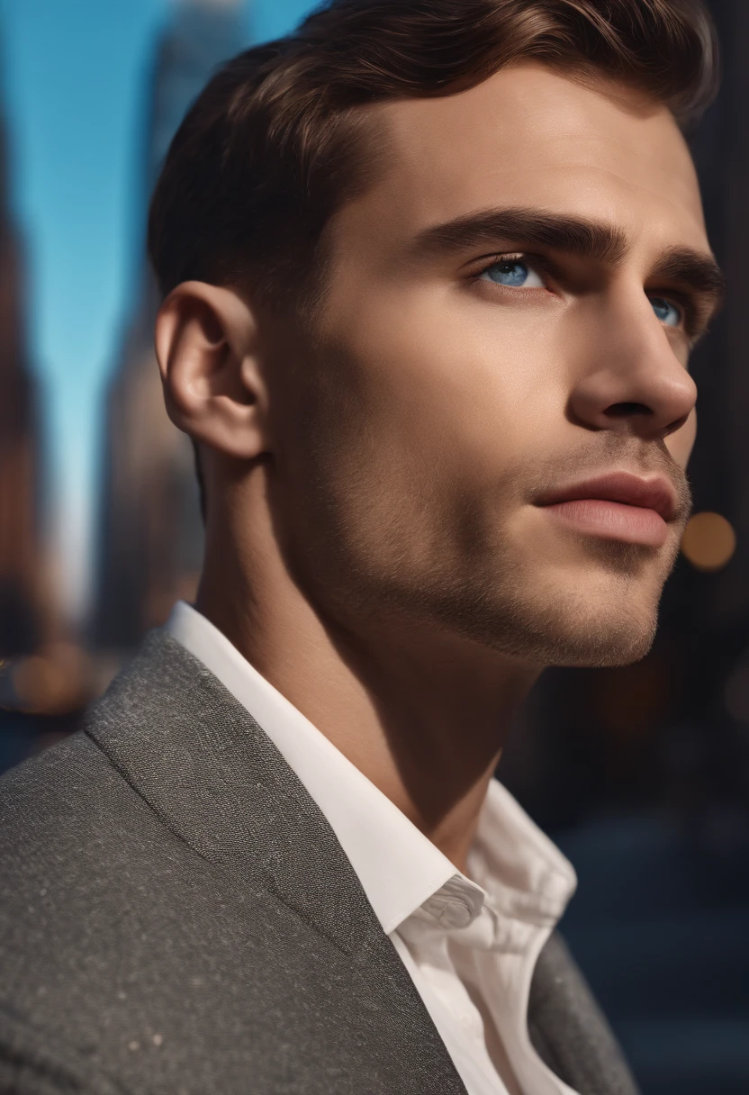 Male, handsome, strong jawline, full lips, Roman nose, short brown hair, blue eyes, mid shot, new york city background hyper realistic, 8k