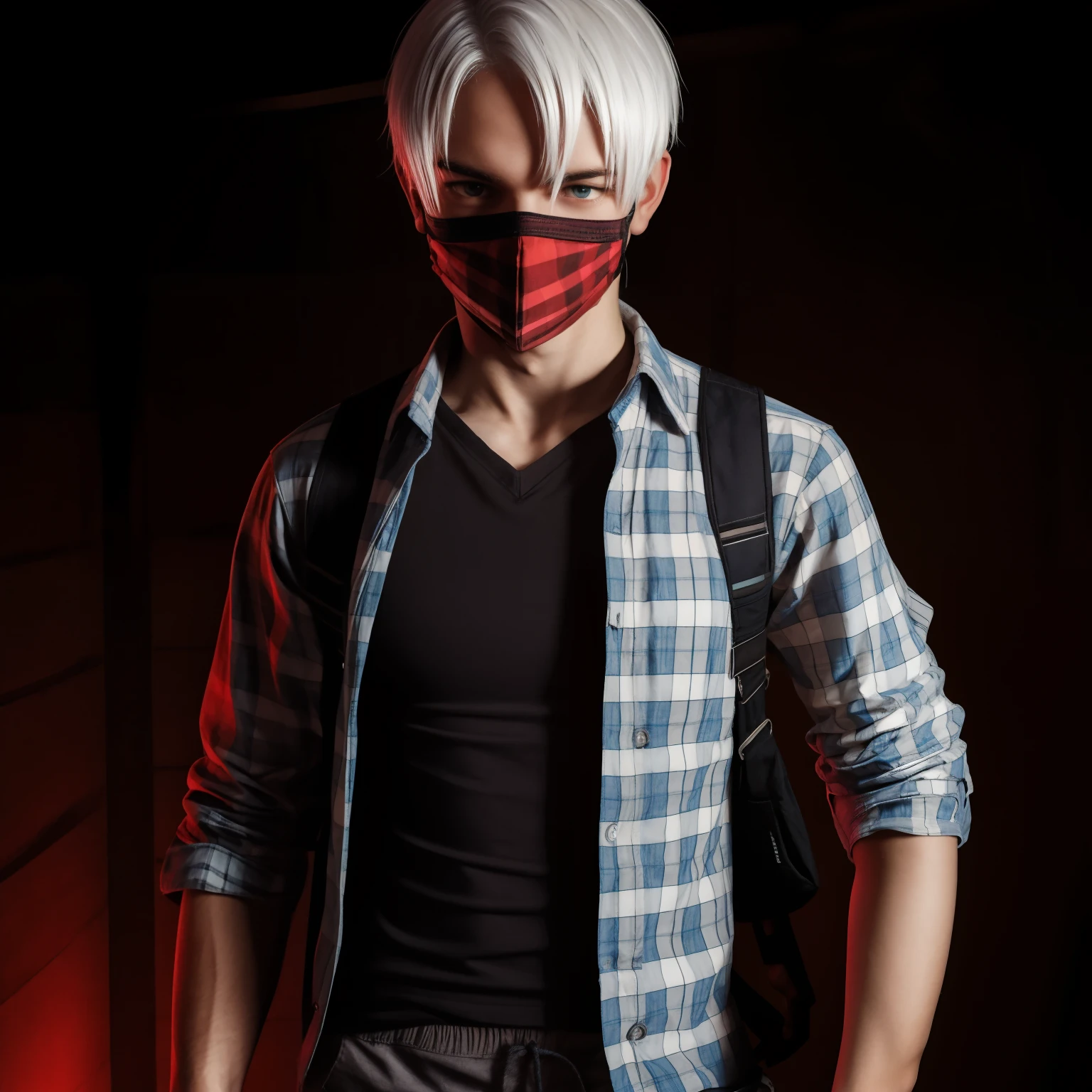 Teen male posing, boxerbriefs, skinny body, atmospheric, cute face, white hair, blood, mask, dead inside, plaid shirt