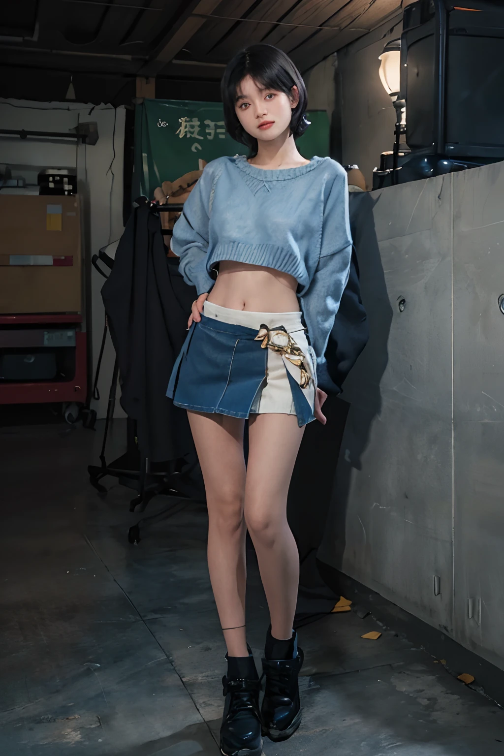 (masuter piece:1.3)、(8K、Photorealsitic、Raw photography、top-quality: 1.4)、(1girl in)、beautiful countenance、(Lifelike face)、(A dark-haired、short-hair:1.3)、Beautiful hairstyle、realisticeyes、Beautiful details、(real looking skin)、Beautiful skins、absurderes、enticing、超A high resolution、A hyper-realistic、high-detail、the golden ratio、((wide open abdomen))、((open abdomen))、((wide open navel))、((open navel))、((Mid-Riff Sweater))、((Ultra-low rise、Denim Mini Skirt))、((Navel Ejection))、((small hips))、((long limbs))、((Full body depiction))、((A slender))、((small hip))、(Ultra-low rise))、((Denim Mini Skirt))、((is standing))、