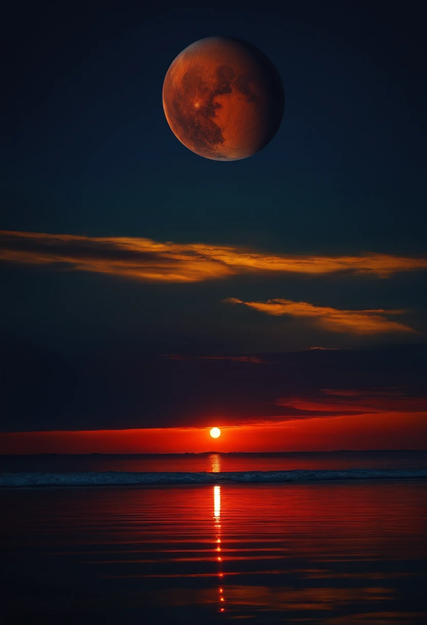 Night Blue Ocean Floating Giant Red Planet Golden Reflection