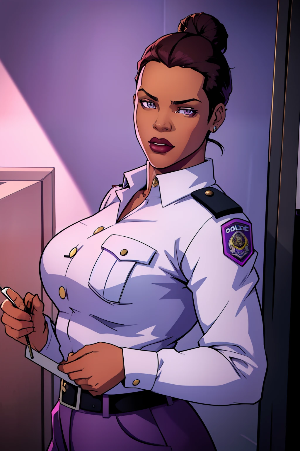 Best quality, solo mature woman, dark brown skin, low bun, lilac eyes, full lips, seductive, police uniform, police pants, police button up, face like Rihanna