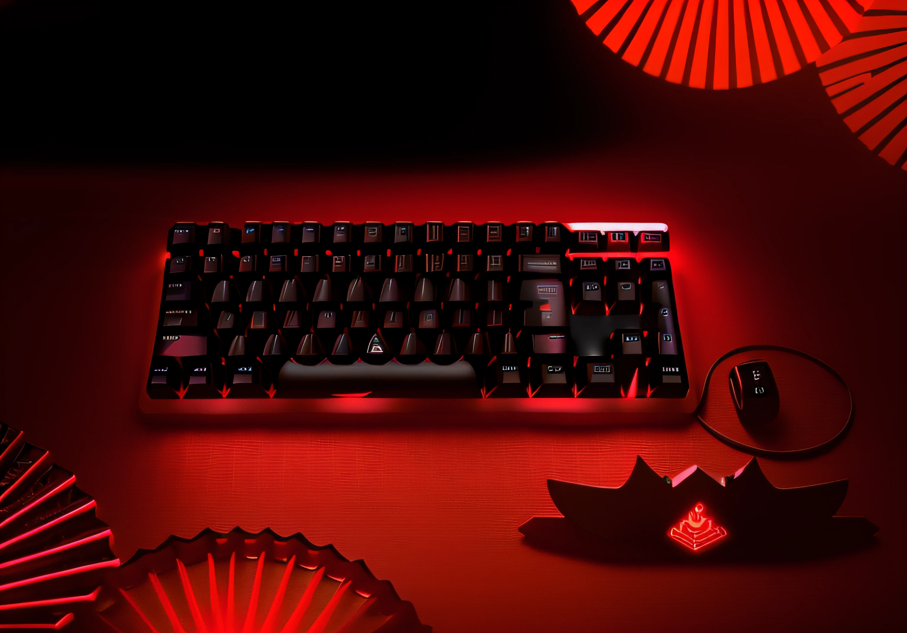 there is a red keyboard with red keys on a black surface, mechanical keyboard, gamers keyboard, rgb keyboard, led gamers keyboard, keyboard, dominating red color, keyboards, red color, inspired by Pu Hua, red - black, small neon keyboard, coral red, red magic, red colored, inspired by Xuande Emperor, bright red, for aaa game