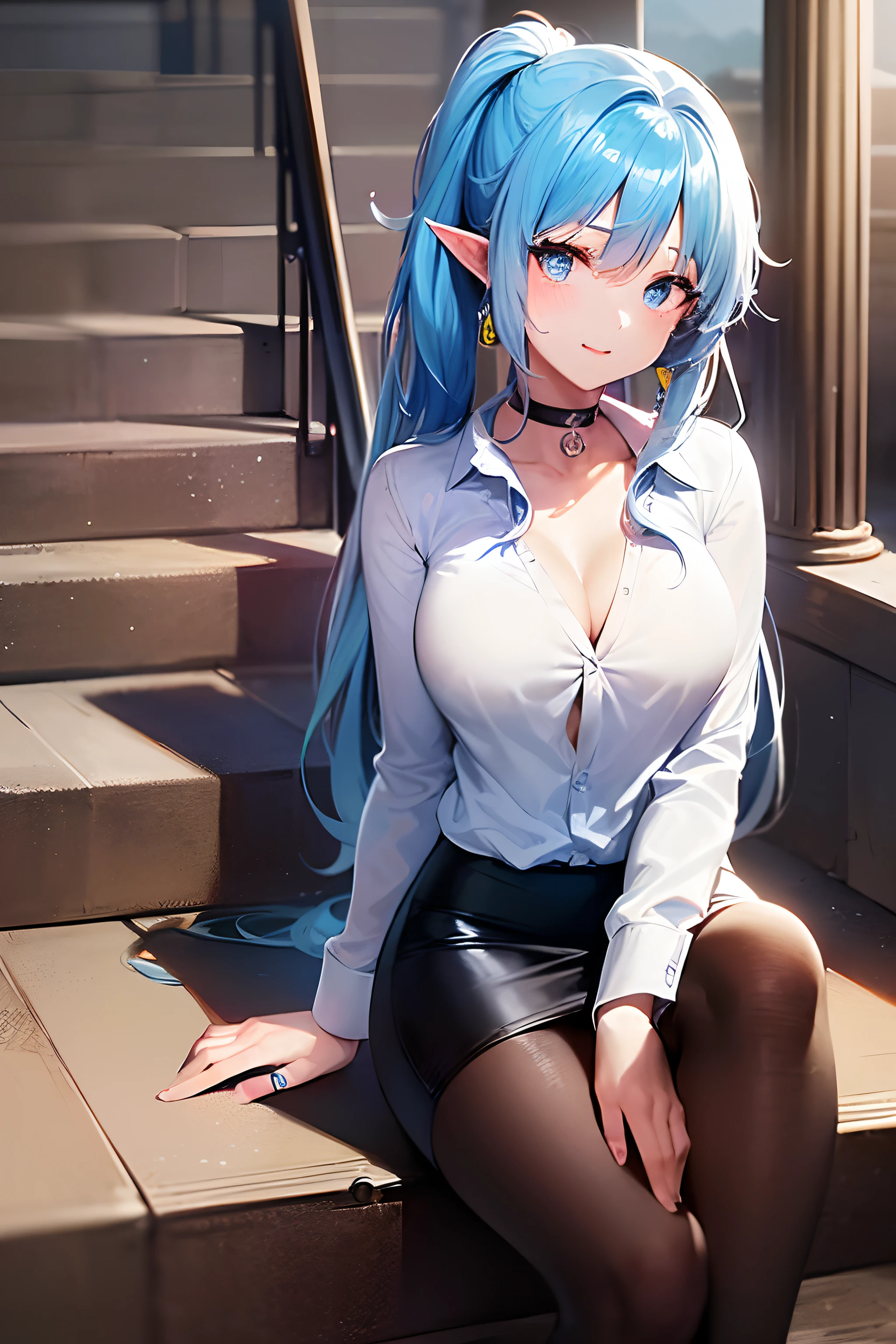 ((Kyoto Animation Style)), super precision, masterpiece, very extremely beautiful, Princess Face, ((One adult woman)), ((Solo:1.5)), Big eyes, ((sky blue hair:1.5)), (Blue eyes), ((Very long hair)), ((Straight hair)), ((poneyTail:1.5)), ((Large breasts)), elf-ears, ((耳Nipple Ring:1.5)), ((a black choker:1.5)), Faint lips, Professional Lighting, (25 years old), Narrow waist, Shiny skin, Oiled skin, glistning skin, Looking at Viewer, ((Business suits)), ((White blouses:1.5)), ((pencil skirts)), high-heels, ((stairway:1.5)), sitting on, building, ((Laugh)), cowboy shot,