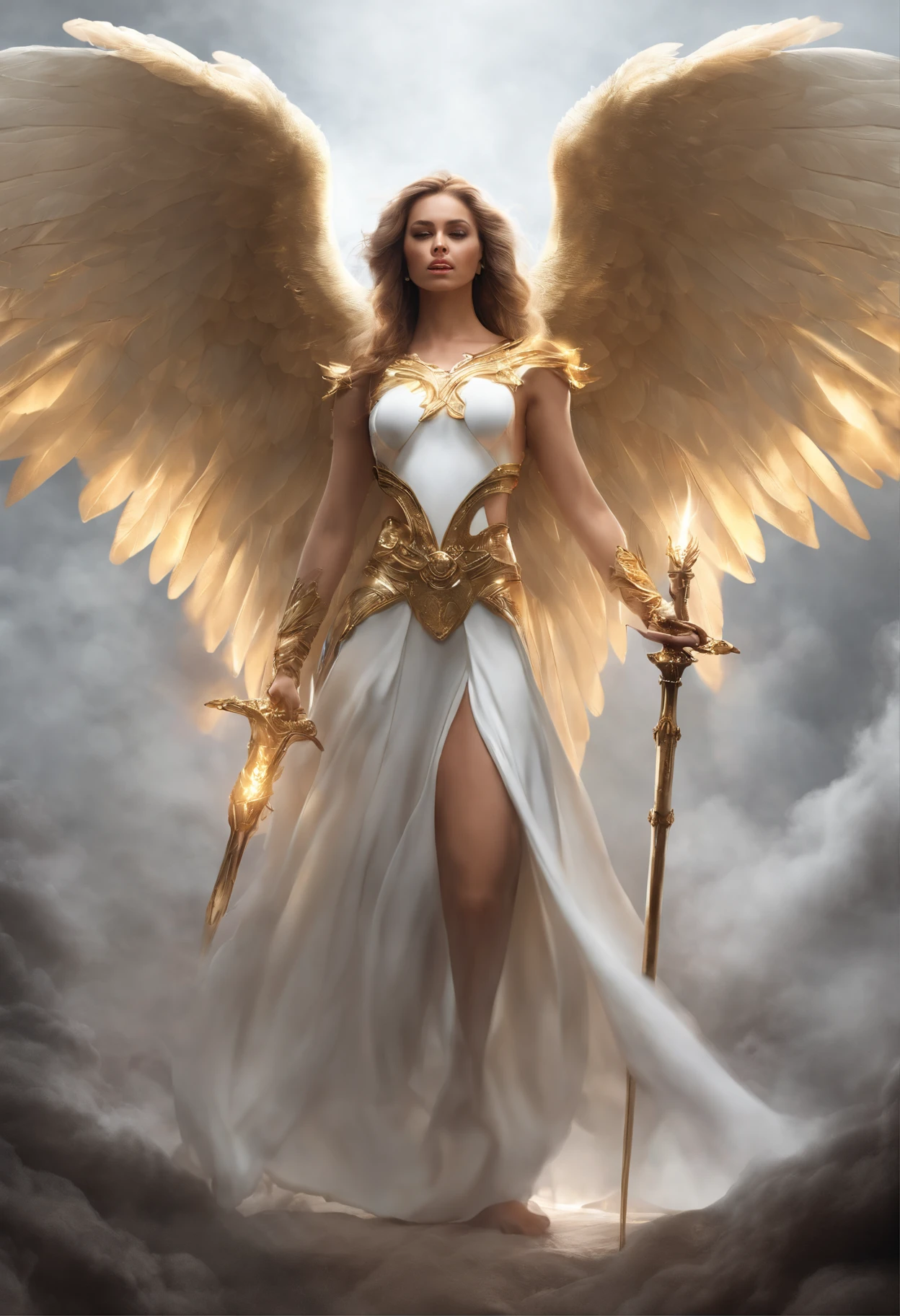 Ultra-realistic angel image: A golden angel with spread wings,Holding a fire sword in his hand,There was gloom in the gloom。, Black smoke settings,(RAW photo:1.2),camel-toe,Hollow-out on,sweat leggs,White liquid, Smooth pink skin, shiny metallic glossy skin, Shiny, spread their legs,M-shaped legs,angry look,Irritated,white liquid all over body,Full body like,