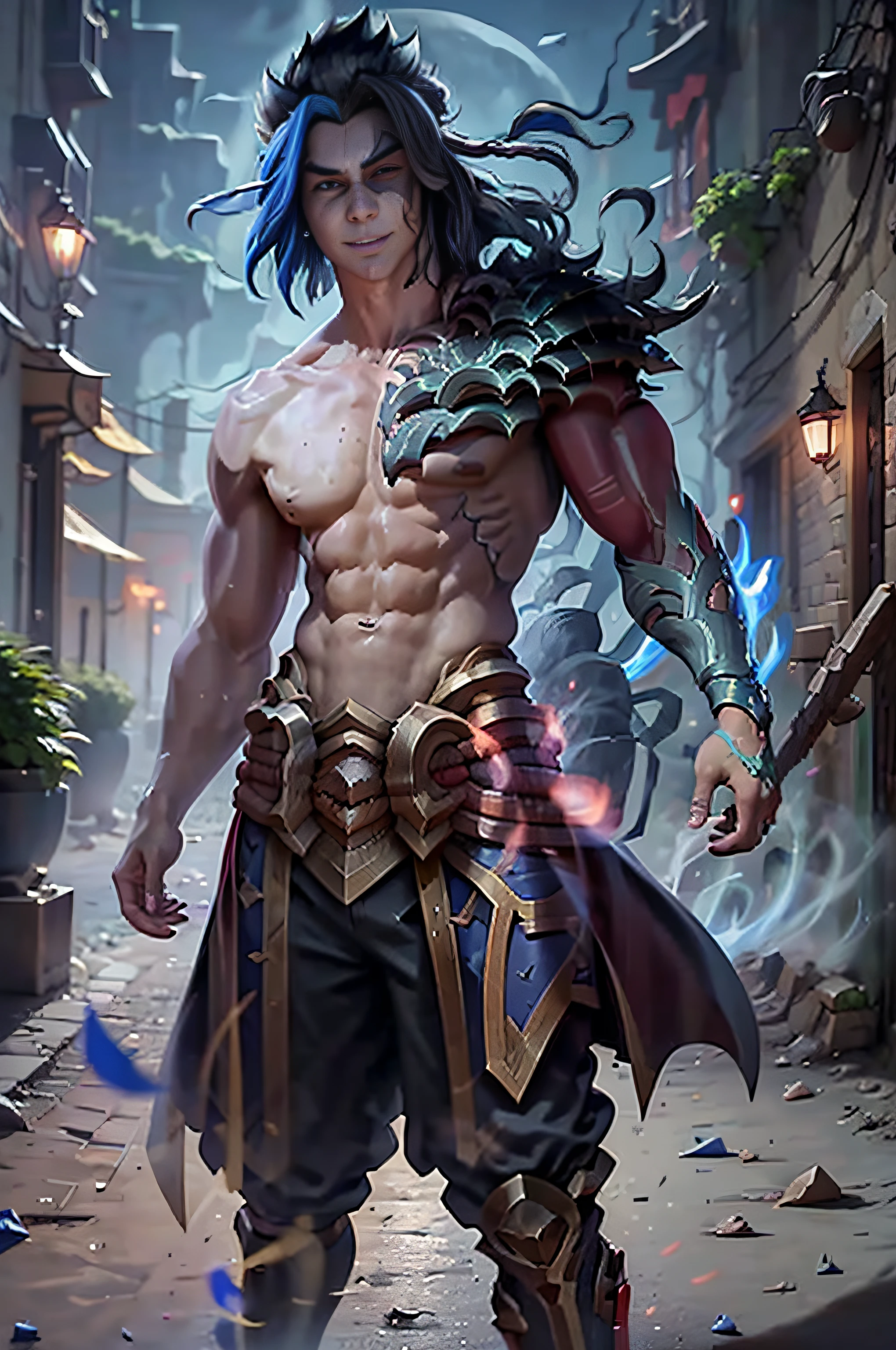 kayn, 1boy, male focus, pale skin, forehead mark, multicolored hair, very long hair, night, night sky, blue moon, full moon, looking at viewer, full body, standing, smoke, bare shoulders, topless, muscular, smile, wearing boxer,
