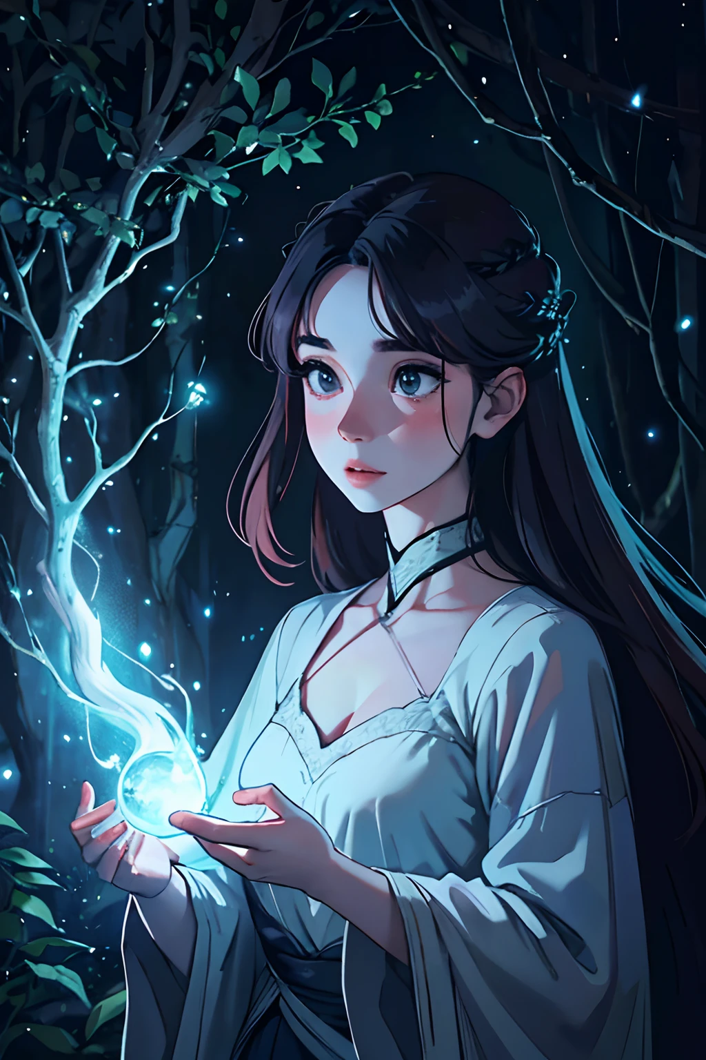 (melhor qualidade,4k,8k,Altas,master part:1.2),ultra-detalhado,(Realistic,fotorrealista,photo-realistic:1.37),Uma mulher bonita com cabelo preto longo,vestindo roupas pretas medievais,em uma floresta escura,olhos azuis,beautiful detailed facial features, pale skin with a blush,Seio amplo,atmosfera sombria e misteriosa,subtle moonlight filtering through the trees,ambiente enevoado e nebuloso,soft and ethereal lighting, banshee appearance,delicate and feminine features,calm and serene expression,Cabelos suavemente ondulados, adding a sense of movement and grace,surrounded by tall ancient trees with twisted branches and hanging vines,Subtle hints of magical elements like glowing fungi and sparkling fireflies,an air of mystery and enchantment.