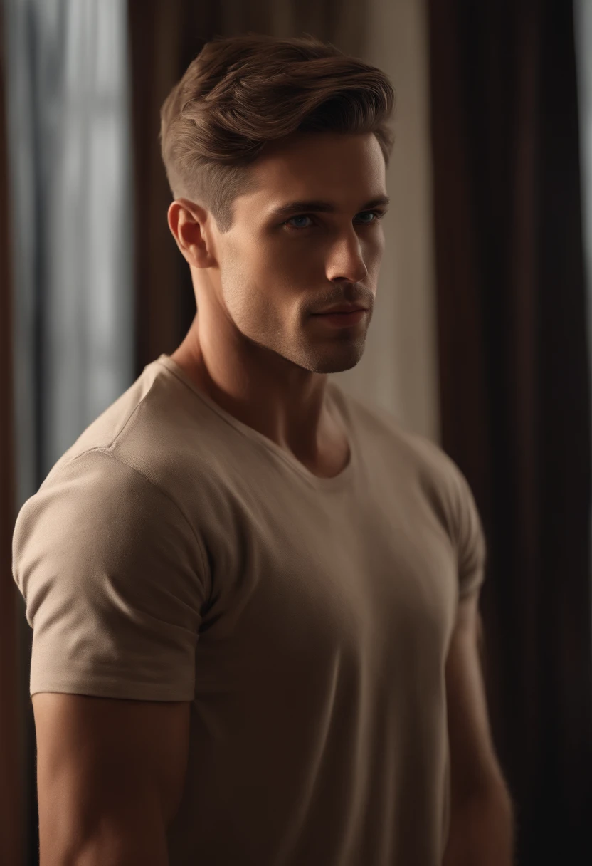Male, handsome, standing face forward strong jawline, full lips, Roman nose, short brown hair, blue eyes, mid shot, at home, hyper realistic, 8k