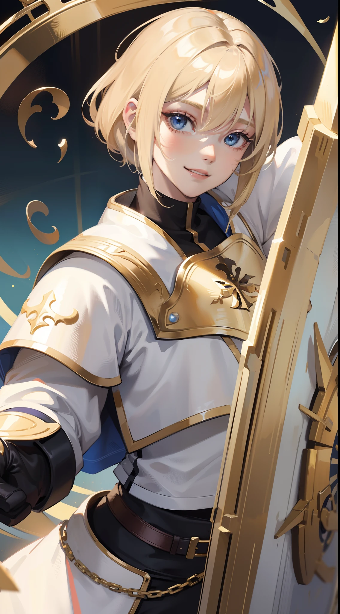 adult man, Blonde hair in a bob, blue eyes, Smile, Beautiful white armor with gold elements, paladin, hammer, shield, Masterpiece, hiquality, 4k, HD, Good detail