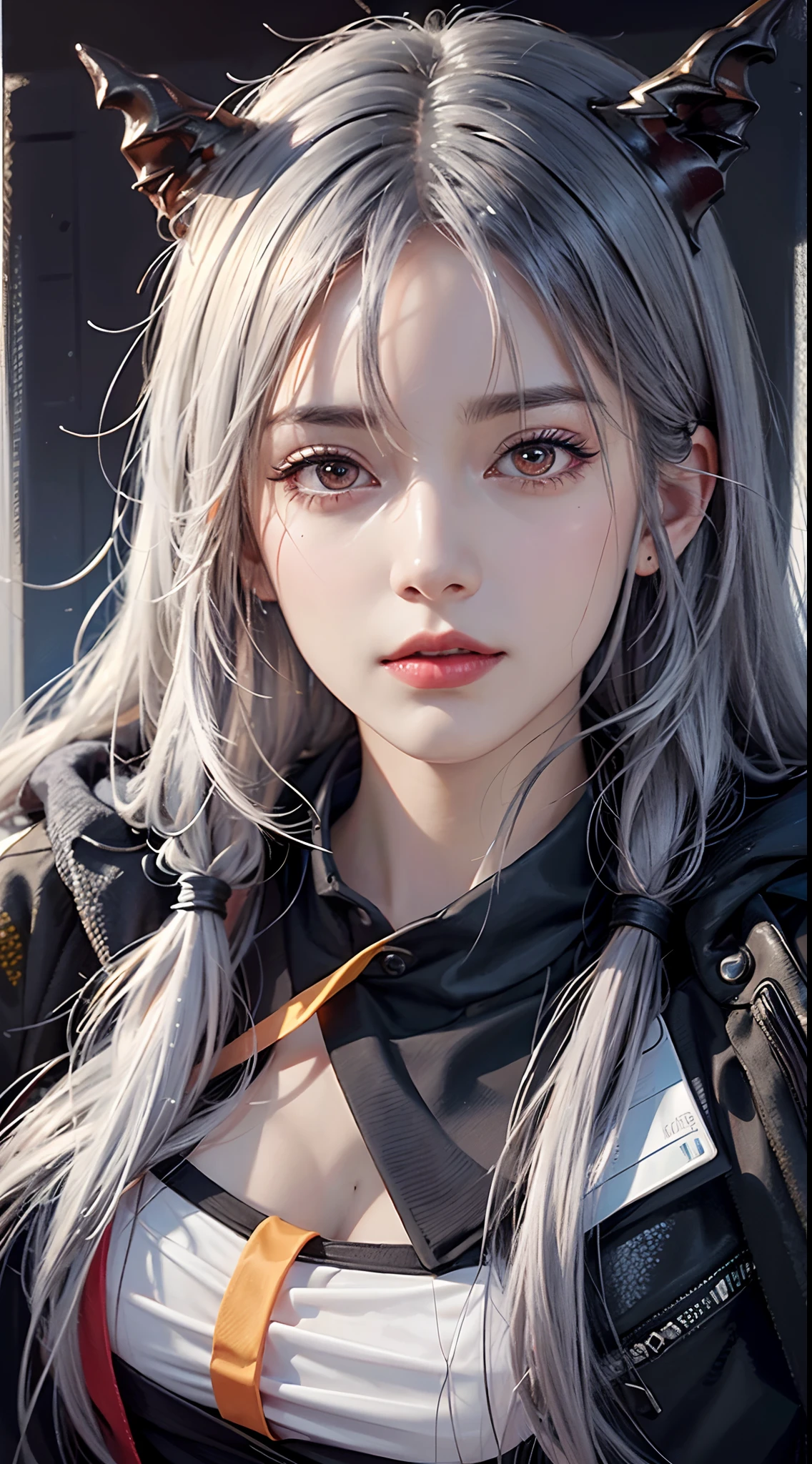 photorealistic, high resolution, soft lights, 1women, solo, hips up, look at viewer, (detailed face), red eyes, white hair, long hair, detailed eyes, (origen:1.4), ch'en \(arknights\), black shorts, red eyes, solo, (fashi-girl:1.0), realistic, makeup, office