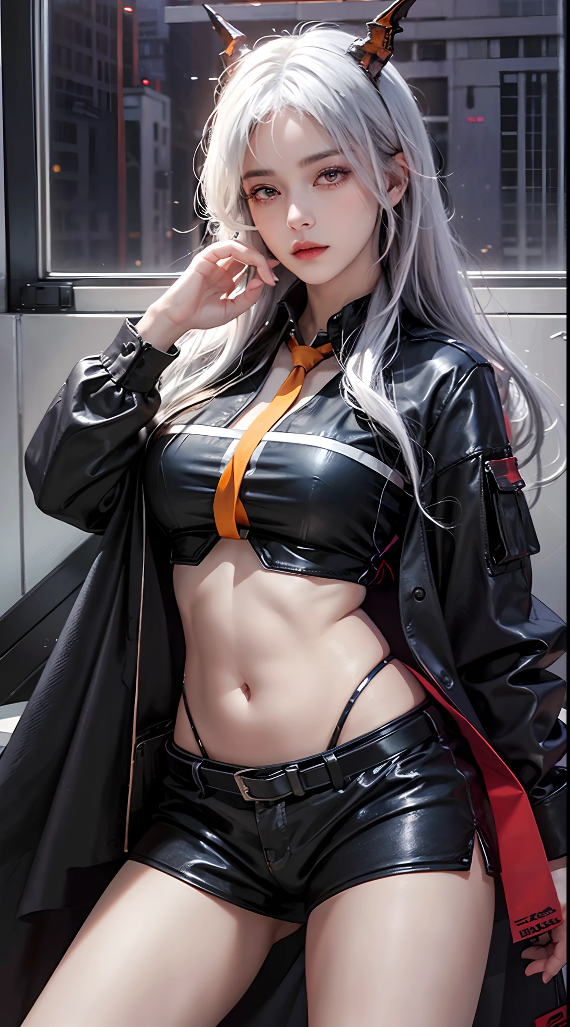 photorealistic, high resolution, soft lights, 1women, solo, hips up, look at viewer, (detailed face), red eyes, white hair, long hair, detailed eyes, (origen:1.4), ch'en \(arknights\), black shorts, red eyes, solo, (fashi-girl:1.0), realistic, makeup, office