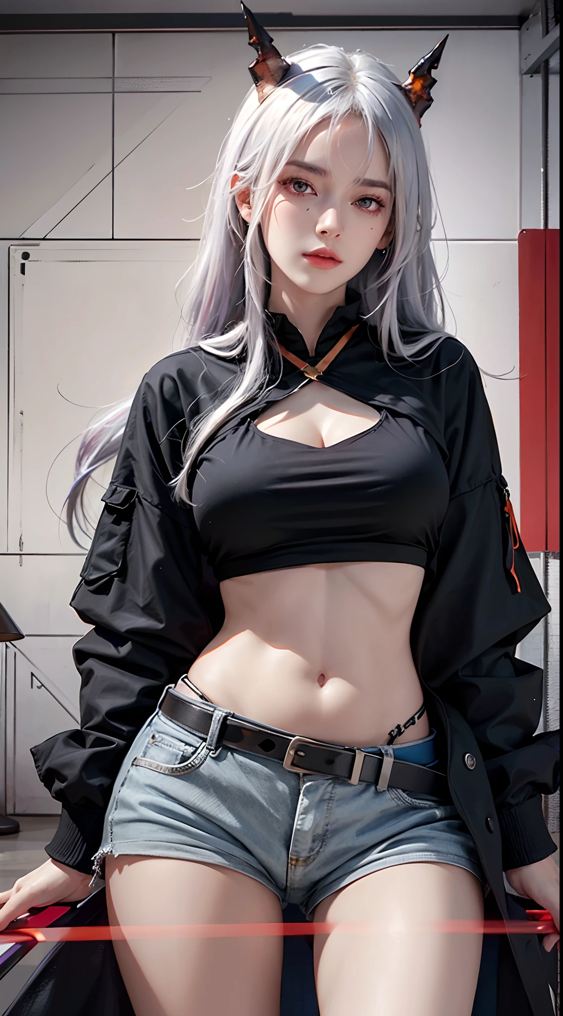 photorealistic, high resolution, soft lights, 1women, solo, hips up, look at viewer, (detailed face), red eyes, white hair, long hair, detailed eyes, (origen:1.4), ch'en \(arknights\), black shorts, red eyes, solo, (fashi-girl:1.0), realistic, makeup, office