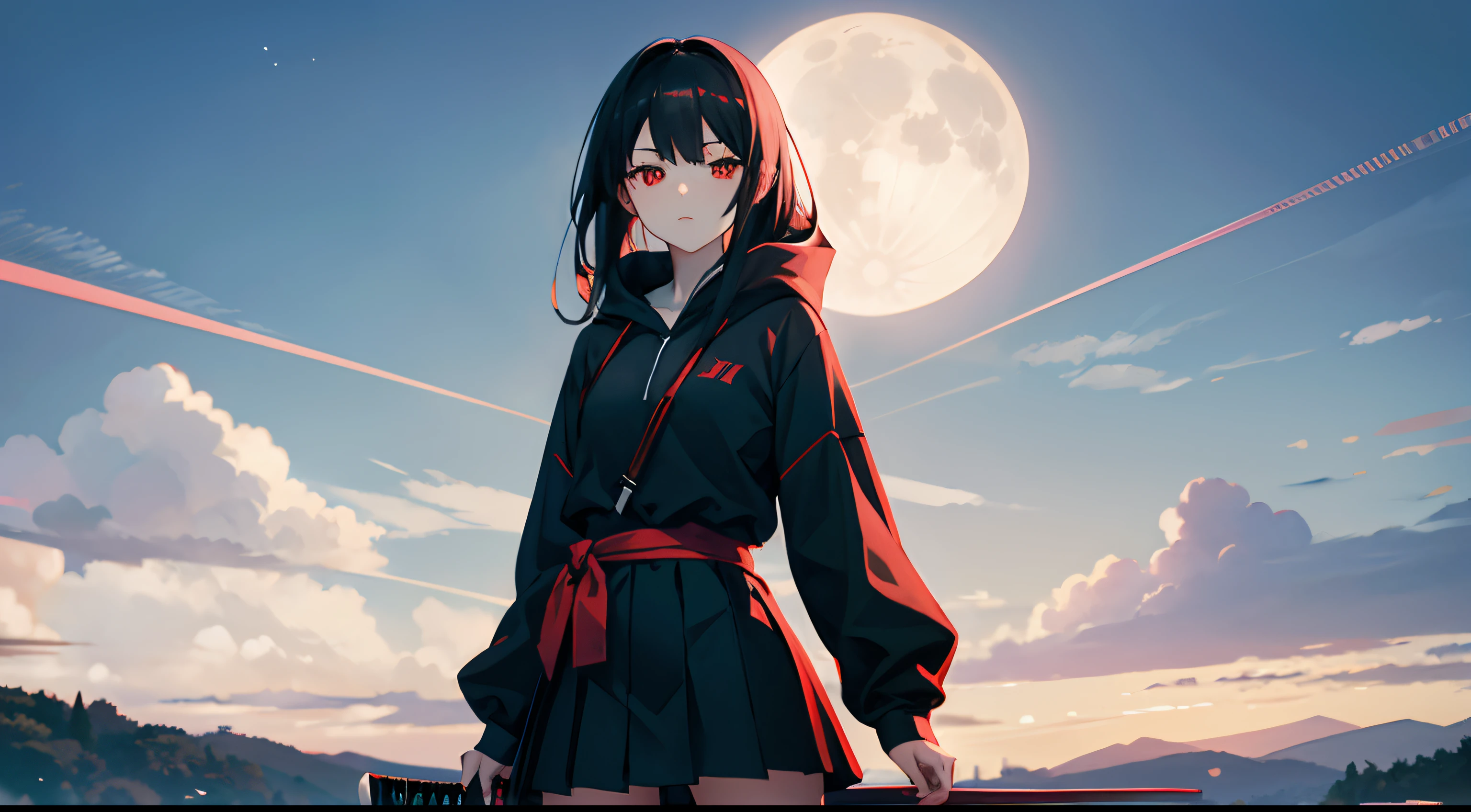 anime girl with red eyes and black hair wearing a black hoodie and short skirt and holding a samurai sword in her waist in the moonlight sky