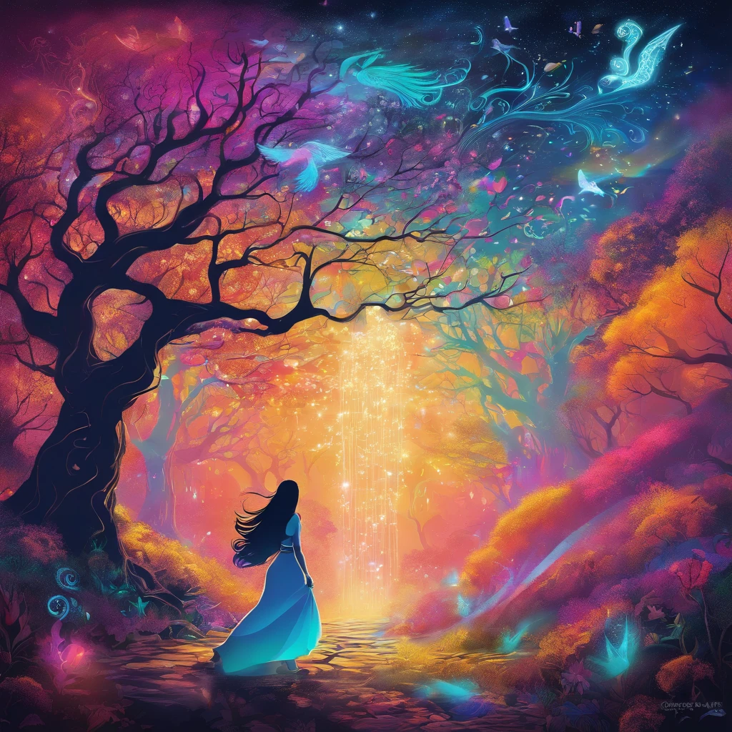 girl casting mystical glowing spells, fantasy rainbow forest, vibrant colors, ethereal lighting, detailed foliage, magical atmosphere, enchanting scenery, dreamlike ambiance, shimmering glow, flowing robes, wisps of magic, ethereal creatures, enchanted trees, sparkling streams, radiant energy, mystical symbols, surreal beauty, otherworldly landscape, swirling mist, enchantment in the air, spellbinding moment, mesmerizing spectacle, ethereal essence, magical incantation, mystical aura, bewitching charm, spellbound onlookers, transcendent experience, magical vortex, hidden secrets, whimsical creatures, vibrant enchantment, enchanted atmosphere, ethereal melodies, radiant beams of light, otherworldly colors, mesmerizing movements, joyous celebration in nature, enchanting nymphs, supernatural power, pulsating energy, captivating spells, fantastical realm, transcendental experience