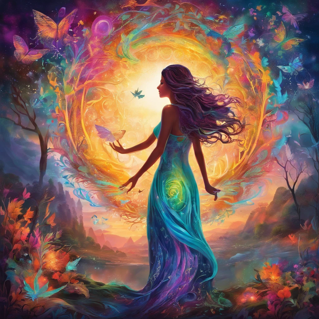 girl casting mystical glowing spells, fantasy rainbow forest, vibrant colors, ethereal lighting, detailed foliage, magical atmosphere, enchanting scenery, dreamlike ambiance, shimmering glow, flowing robes, wisps of magic, ethereal creatures, enchanted trees, sparkling streams, radiant energy, mystical symbols, surreal beauty, otherworldly landscape, swirling mist, enchantment in the air, spellbinding moment, mesmerizing spectacle, ethereal essence, magical incantation, mystical aura, bewitching charm, spellbound onlookers, transcendent experience, magical vortex, hidden secrets, whimsical creatures, vibrant enchantment, enchanted atmosphere, ethereal melodies, radiant beams of light, otherworldly colors, mesmerizing movements, joyous celebration in nature, enchanting nymphs, supernatural power, pulsating energy, captivating spells, fantastical realm, transcendental experience