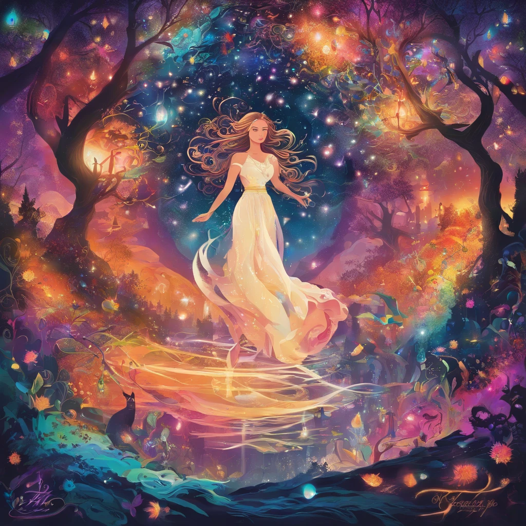 girl casting mystical glowing spells, fantasy rainbow forest, vibrant colors, ethereal lighting, detailed foliage, magical atmosphere, enchanting scenery, dreamlike ambiance, shimmering glow, flowing robes, wisps of magic, ethereal creatures, enchanted trees, sparkling streams, radiant energy, mystical symbols, surreal beauty, otherworldly landscape, swirling mist, enchantment in the air, spellbinding moment, mesmerizing spectacle, ethereal essence, magical incantation, mystical aura, bewitching charm, spellbound onlookers, transcendent experience, magical vortex, hidden secrets, whimsical creatures, vibrant enchantment, enchanted atmosphere, ethereal melodies, radiant beams of light, otherworldly colors, mesmerizing movements, joyous celebration in nature, enchanting nymphs, supernatural power, pulsating energy, captivating spells, fantastical realm, transcendental experience